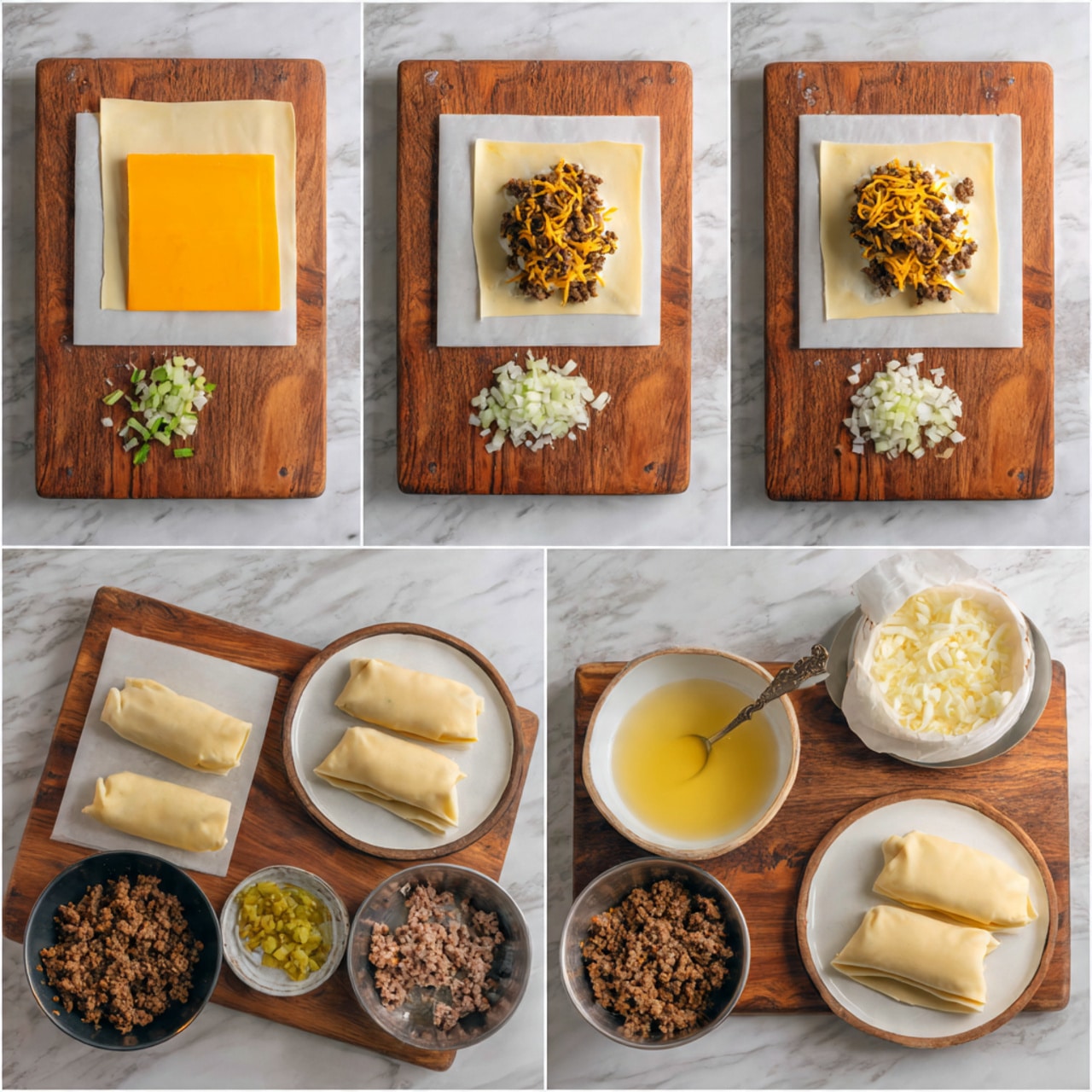 The image shows three fried rolls with a golden brown, crispy outside sprinkled with white sesame seeds, placed on a white plate. Two rolls are whole while one is cut in half showing layers inside: a bottom layer of melted bright yellow cheese, a thick middle layer of cooked ground meat with a crumbly texture and dark brown color, and a top layer with light green slices and white onion pieces. One roll half is being dipped into a small metal bowl filled with light orange creamy sauce that has some green herbs. The plate sits on a wooden surface with a white marbled background. The roll half is held by a woman's hand. photo taken with an iphone --ar 4:5 --v 7