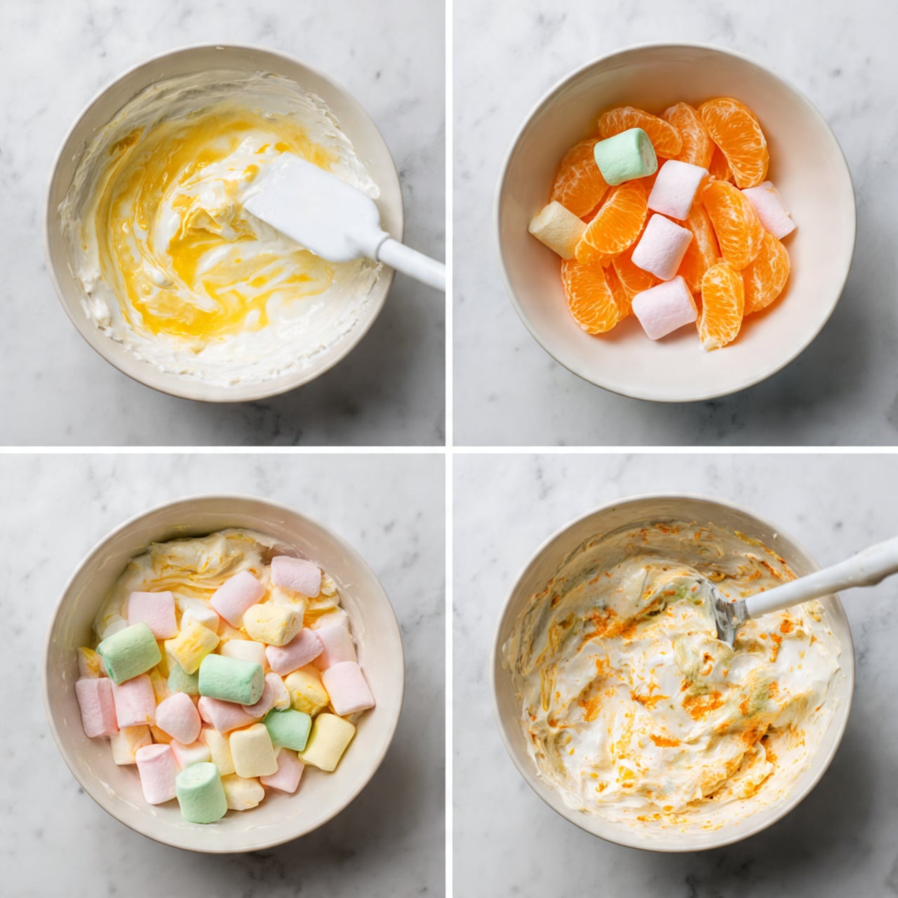 A white bowl filled with a thick, creamy white salad that has orange bits mixed inside. On top, there are scattered small pastel-colored marshmallows in green, pink, yellow, and orange, along with small yellow and red jelly beans. A bright yellow marshmallow shaped like a chick sits prominently on the top center of the salad. The bowl is placed on a white marbled surface, with some out-of-focus colorful candies and a pineapple visible in the background. photo taken with an iphone --ar 4:5 --v 7