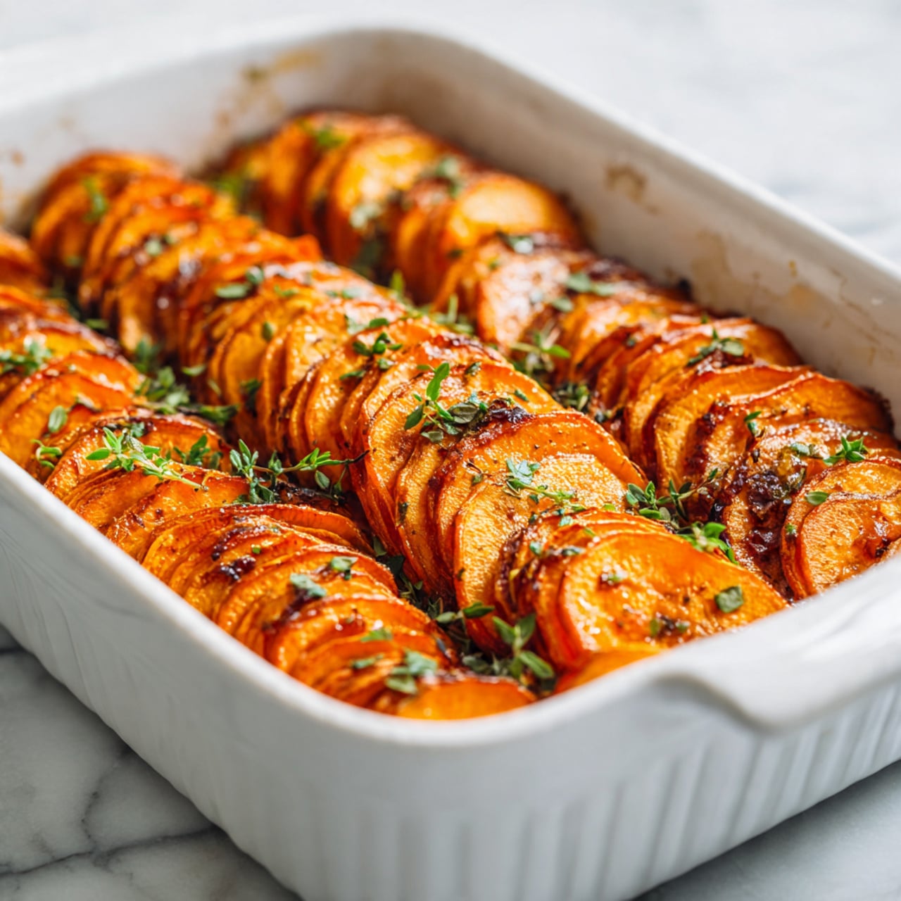 This image shows a white rectangular baking dish filled with thin, round slices of roasted orange sweet potato arranged in neat vertical layers that curve slightly along the edges. The sweet potato slices have a caramelized, slightly browned texture on the edges, and some small fresh green herb leaves are scattered on top for a touch of color contrast. The background surface is a white marbled texture. photo taken with an iphone --ar 4:5 --v 7