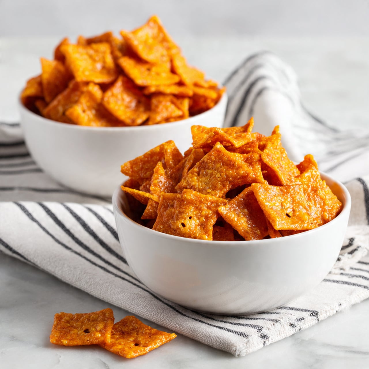 Two white bowls filled with small, square crunchy snacks that are golden orange in color, showing a slightly oily shine and a textured surface. Each snack piece has a perforation in the center and is piled high inside the bowls. The bowls are placed on a soft white cloth with thin black stripes, which lies on a white marbled surface. Two pieces of the snack are outside the bowls close together on the cloth. Photo taken with an iphone --ar 4:5 --v 7
