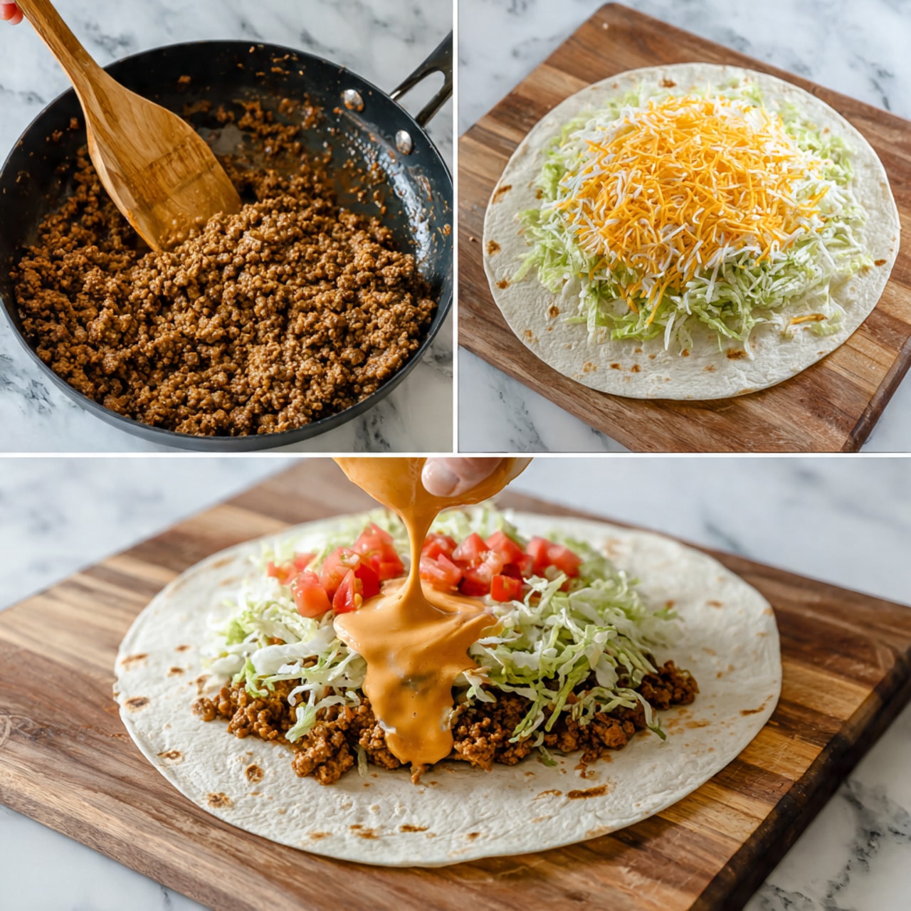 The image shows a white rectangular plate with a round, golden-brown, folded tortilla in the center, arranged like a flower with triangular sections around a circular middle. On top of the tortilla, there are two half slices stacked, revealing layers of browned ground beef, melted cheese, small pieces of red tomato, and green pepper inside a toasted tortilla. To the left of the plate, a small white bowl filled with smooth white sour cream sprinkled with chopped green herbs is placed. On the top right corner of the plate, another small white bowl holds a thick yellow cheese sauce with green herb bits on top. Around the plate, small pieces of tomato and green herbs are scattered as garnish. The plate is set on a white marbled surface. photo taken with an iphone --ar 4:5 --v 7