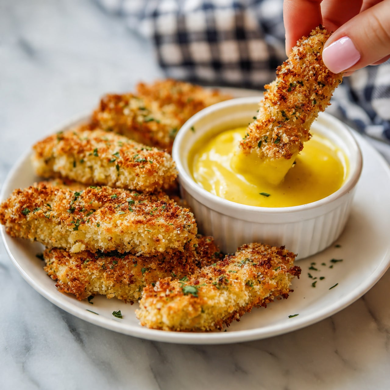 A white plate holds seven crispy, golden brown breaded strips arranged in a loose pile, with small green herb sprinkles on top. On the plate’s left side, a small white bowl is filled with smooth yellow mustard sauce, with one strip partly dipped into it. The plate sits on a white marbled surface with a blue-and-white checkered cloth in the top right corner. photo taken with an iphone --ar 4:5 --v 7