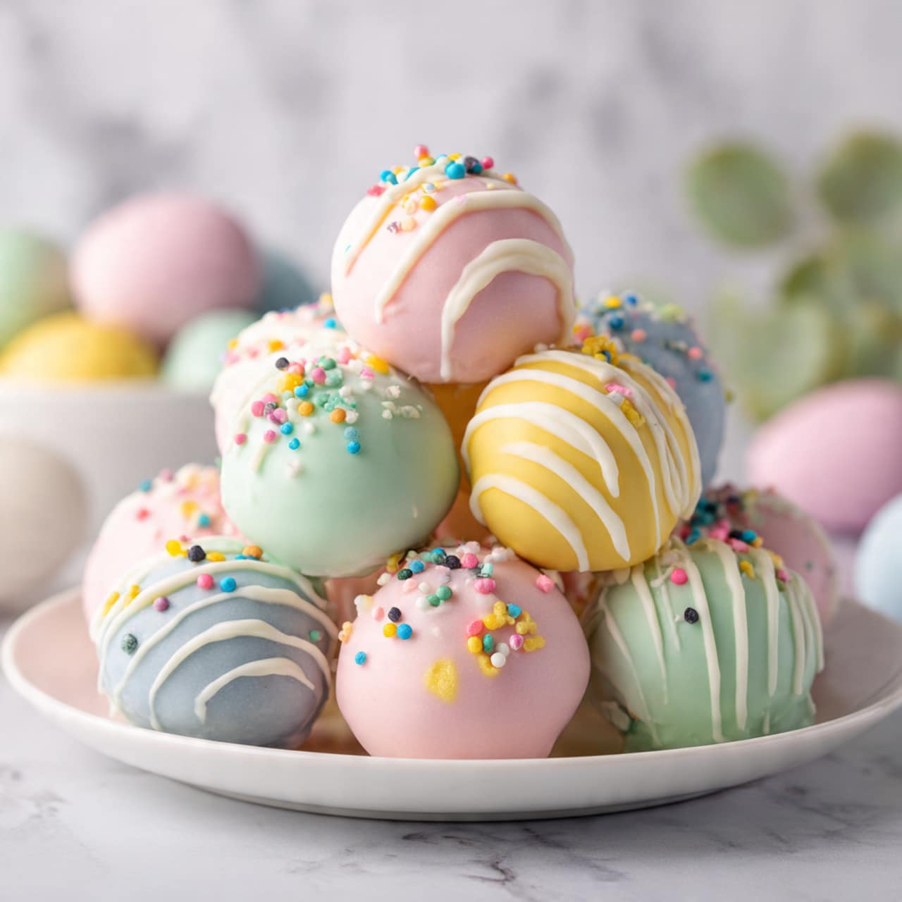 A white plate is filled with round cake balls in pastel colors of light blue, pink, and light green, each covered with a smooth candy coating. The cake balls have three layers of decoration: first, the base layer has the solid pastel colors; second, drizzles of contrasting colored icing in yellow, pink, and light green run over them in thin lines; third, small round sprinkles and flat candy decorations in bright yellow, green, pink, and white are scattered on top. The background is a white marbled surface with some pastel-colored eggs blurred in the distance. photo taken with an iphone --ar 4:5 --v 7