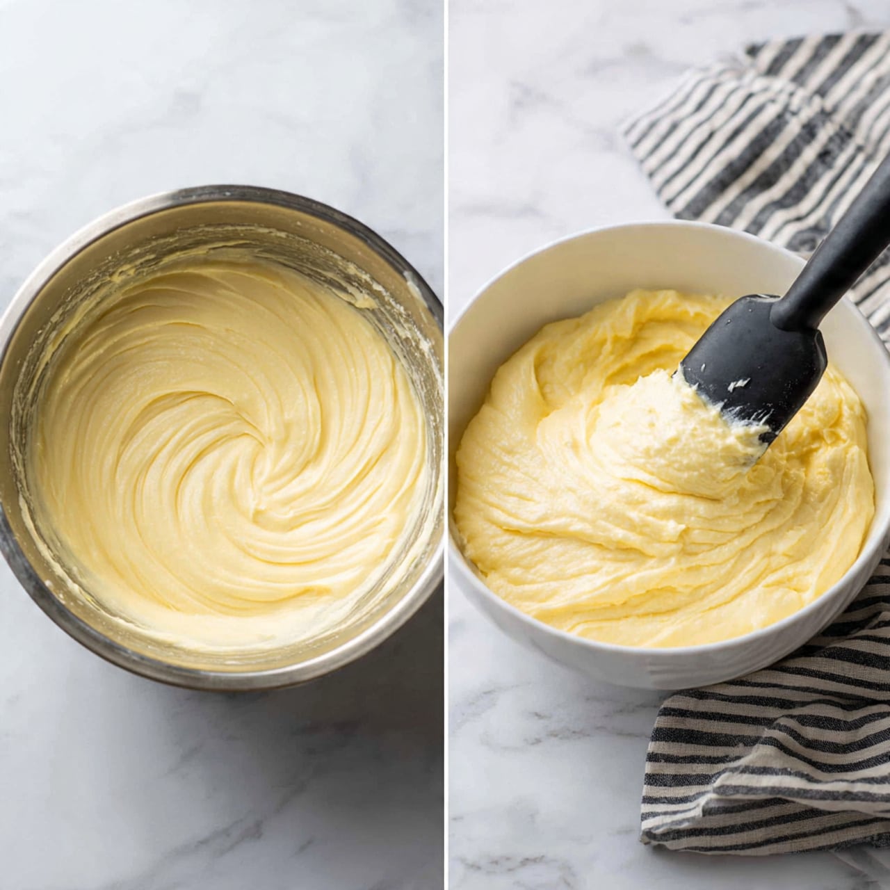 The left side shows a round metal bowl filled with smooth, pale yellow batter that looks thick and creamy, with gentle swirls on the surface. On the right, a woman’s hand holds a white bowl containing a light, fluffy mixture that is being folded with a black spatula, showing soft, airy textures in light cream and pale yellow shades. The background and surface are white marbled texture, and a striped cloth with black and white lines rests near the top right corner of the right bowl. Photo taken with an iphone --ar 4:5 --v 7