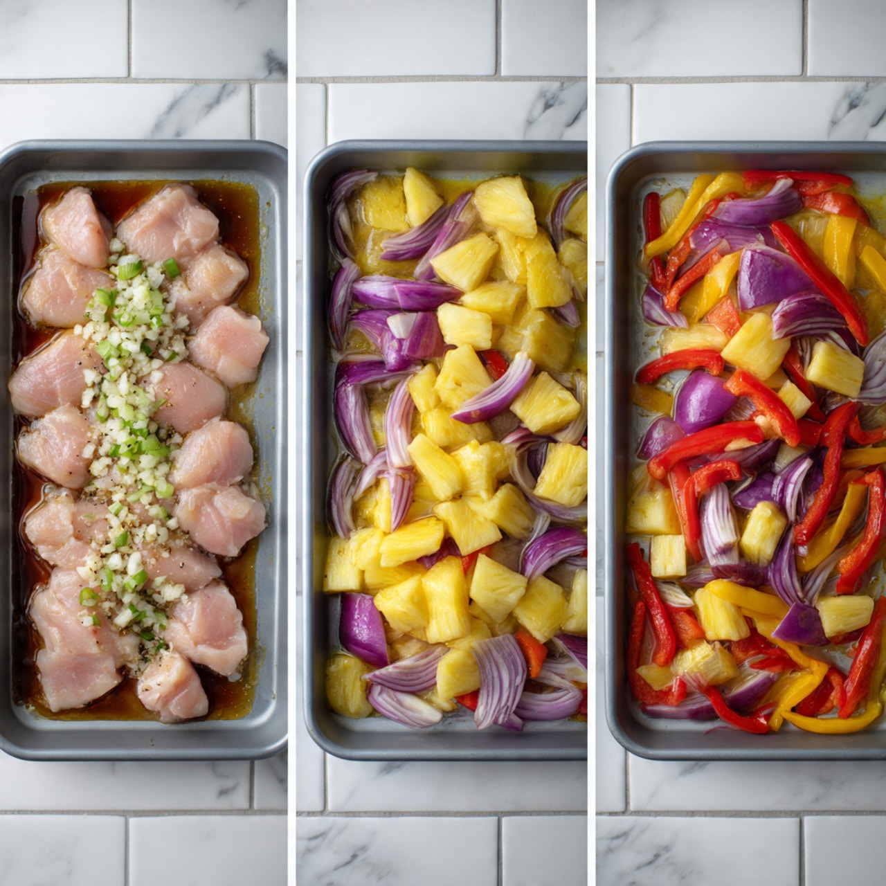 The dish shows a tray filled with small pieces of light brown cooked chicken mixed with bright yellow pineapple chunks, shiny red and orange bell pepper pieces, and some pieces of purple onion. The colors are bright and fresh, and green chopped herbs are sprinkled on top for extra color. A gold fork holds a bite-sized portion of chicken, pineapple, red pepper, and onion in the center, close to the camera. In the background, there is a white marbled surface with a white plate holding some lime wedges and apple slices on a green checkered cloth. The whole scene looks bright and colorful. photo taken with an iphone --ar 4:5 --v 7