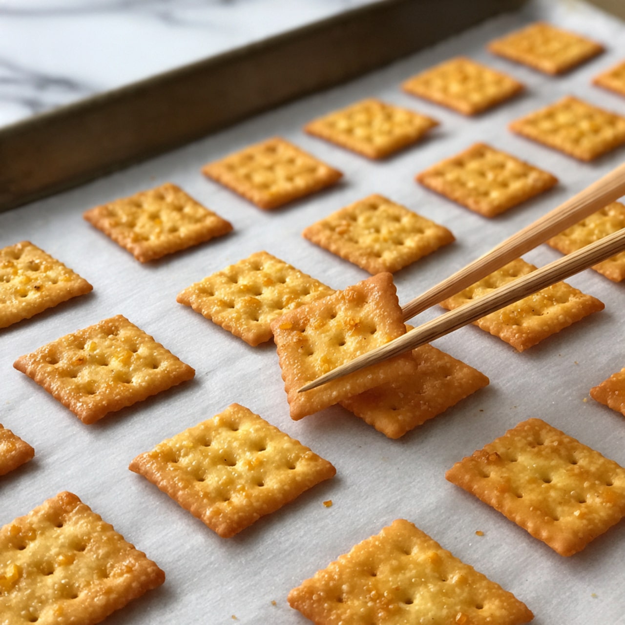 Many small, square yellow crackers are laid out in neat rows on white parchment paper over a baking tray. Each cracker has a small hole in the center. A woman's hand holds a wooden chopstick, pointing at one cracker near the middle of the tray. The background is a white marbled surface with part of the tray visible along the top edge. Photo taken with an iphone --ar 4:5 --v 7
