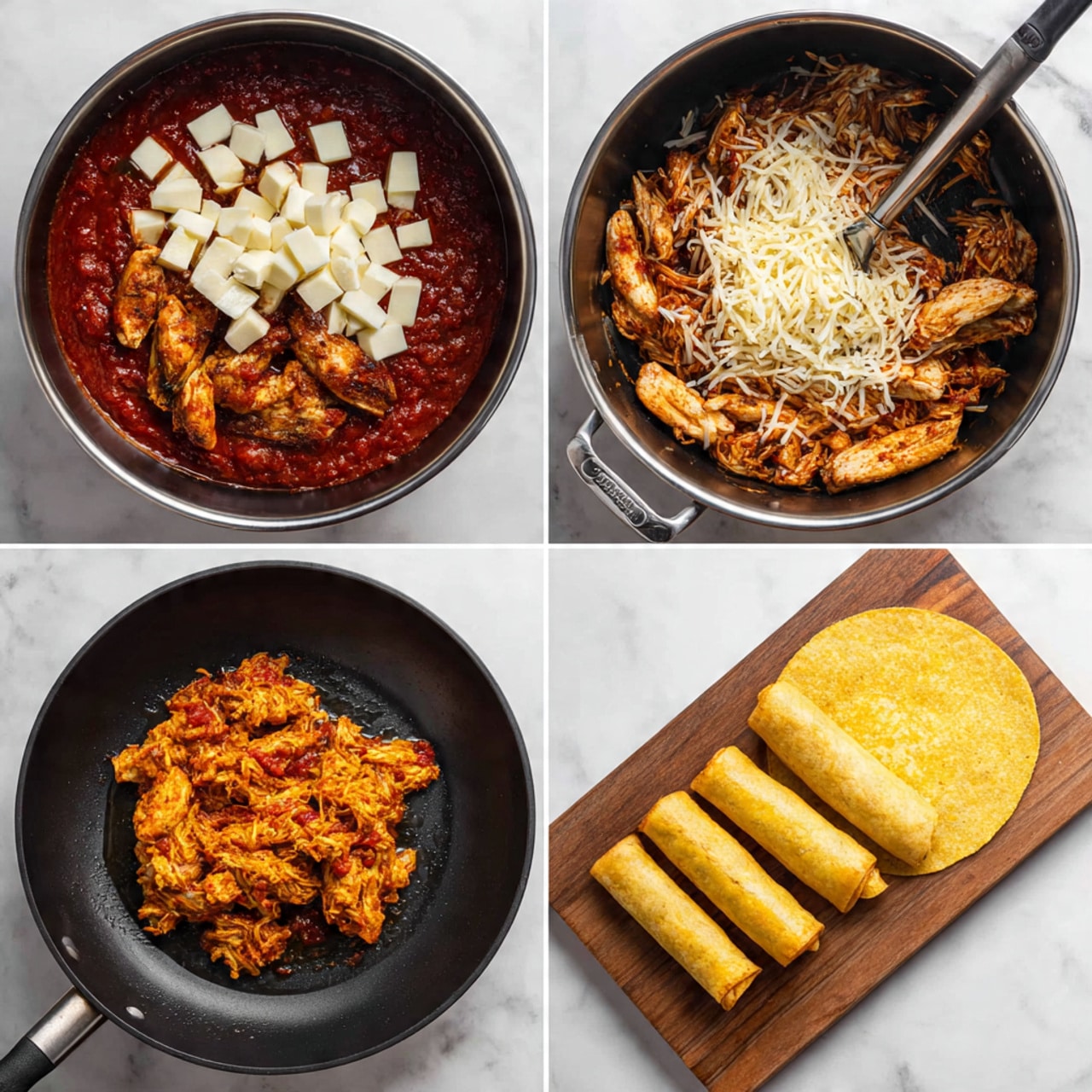 The image shows several golden yellow rolled tacos lined up in rows on a sheet with a white marbled texture. Each taco has a crispy texture on the outside with some browned spots, showing a slightly rough surface. The ends of the tacos reveal a filling of shredded meat mixed with melted cheese in a light orange color. The tacos vary slightly in color from bright yellow to deeper golden brown due to cooking, with some having small burnt bits scattered on top. The tacos are arranged close together, showing layers of rolled tortillas tightly packed with filling inside photo taken with an iphone --ar 4:5 --v 7