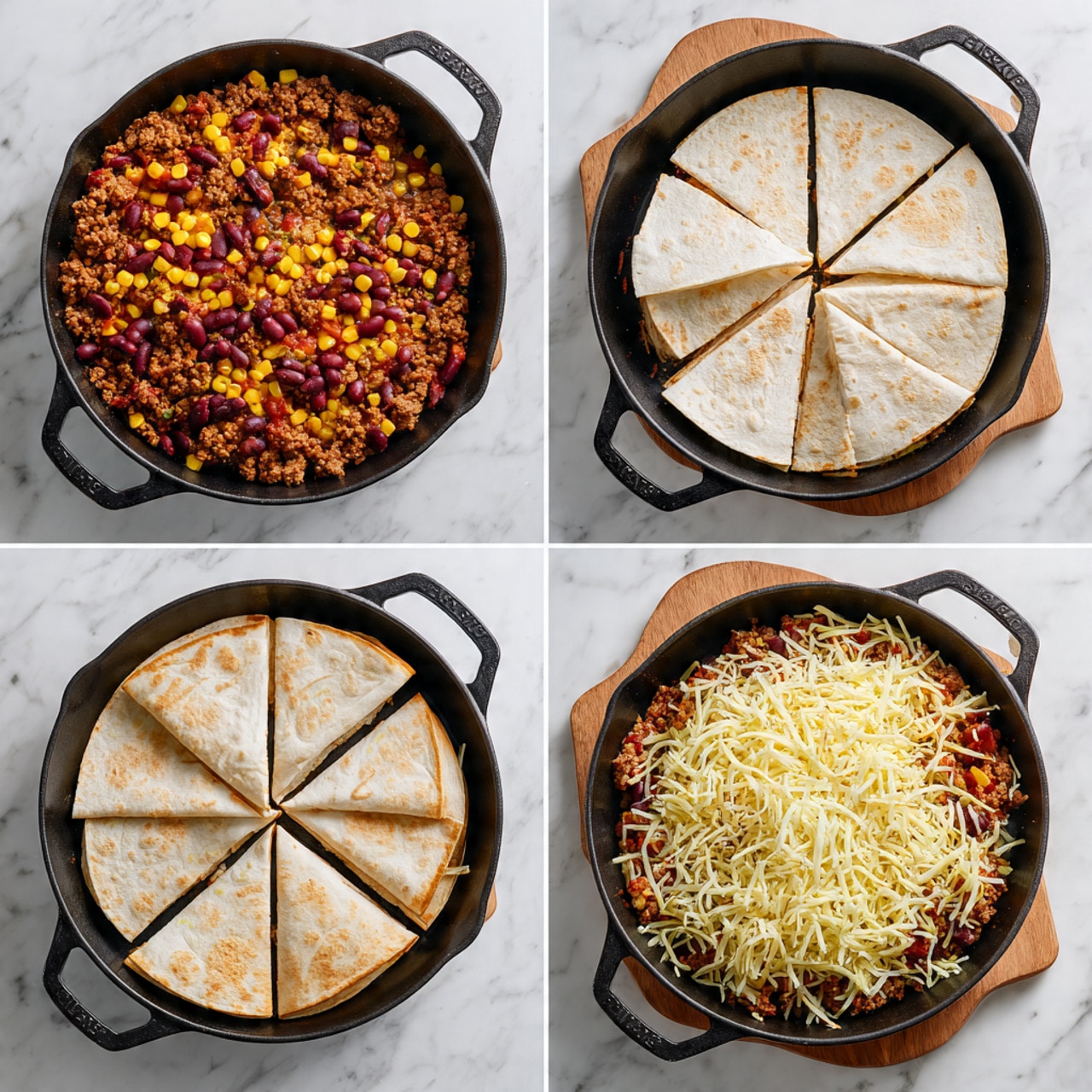 A black cast iron pan on a white marbled surface is shown with four steps of preparing a layered dish. In the first layer, cooked ground meat sits on the bottom, topped with bright yellow corn, dark red beans, and a reddish sauce, all placed side by side inside the pan. The second layer shows two white corn tortillas on a white cutting board, each tortilla cut into four triangles. The third layer has the same pan with the corn, beans, and meat topped evenly with the tortilla triangles overlapping each other. The final layer shows the pan covered with a generous mix of yellow and white shredded cheese, spread evenly over the tortilla pieces. Photo taken with an iphone --ar 4:5 --v 7