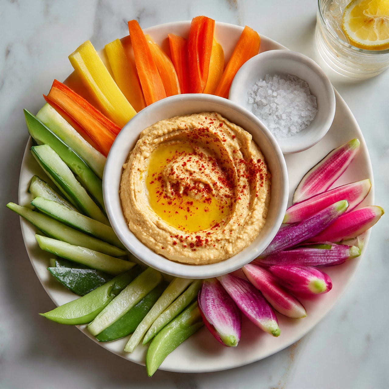 A white plate holds a beige bowl in the center filled with creamy light orange hummus, swirled with olive oil and sprinkled with red paprika and black pepper. Around the bowl are colorful fresh vegetable sticks and slices arranged in layers: green cucumber sticks, orange carrot sticks, yellow, red and purple striped carrot sticks, green snap peas, and semi-circular slices of purple and green watermelon radish. The plate is set on a white marbled texture, with a small white bowl containing white salt nearby and a glass of water with lemon in the background. photo taken with an iphone --ar 4:5 --v 7
