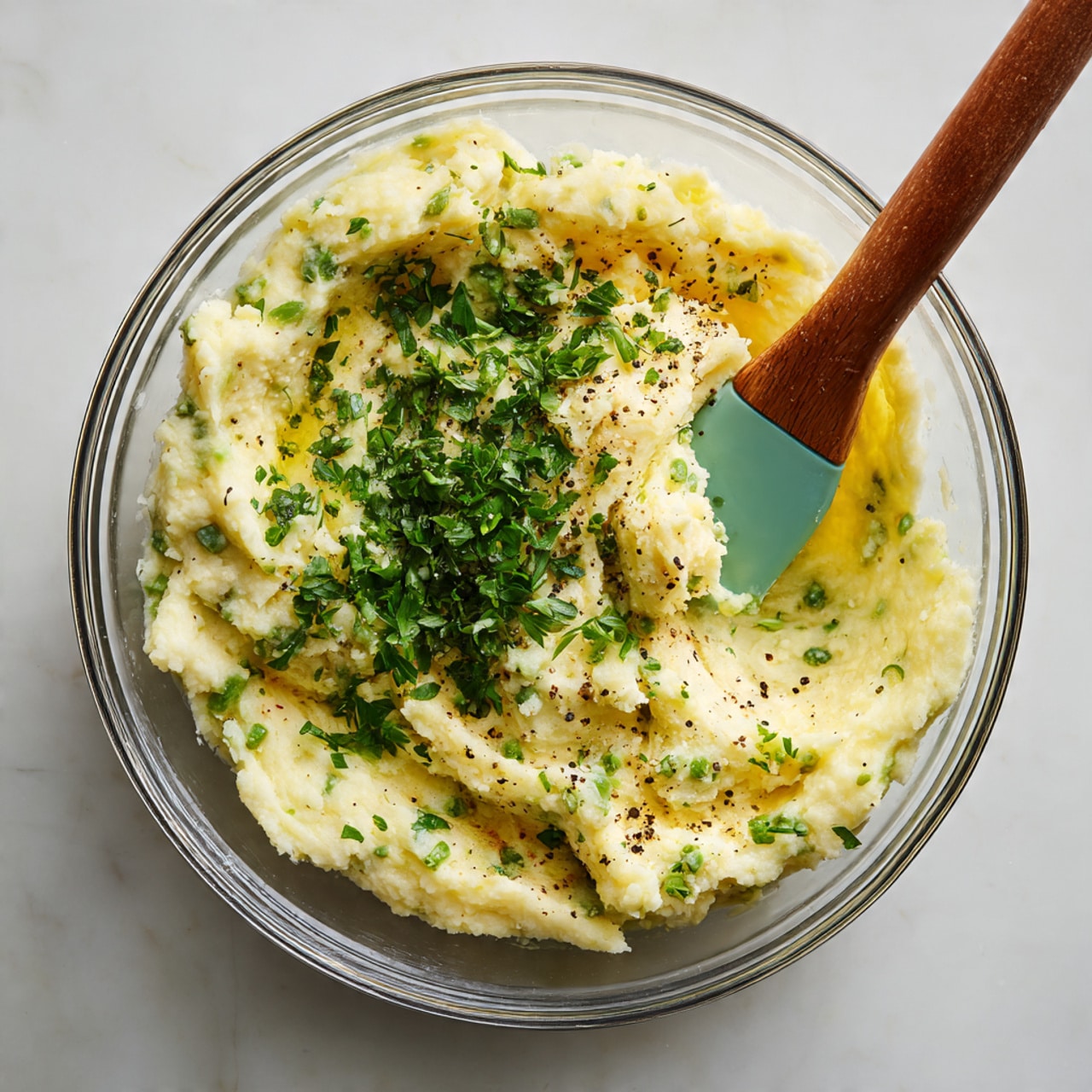 The image shows a close-up of several small baked potatoes with wrinkled, golden-brown skins, each topped with a creamy yellowish mixture that looks like mashed potato with chopped green chives sprinkled on top. The topping has a slightly chunky texture with some small white and black specks of seasoning, and there are shiny flakes of salt scattered over the surface. The potatoes are placed on a white marbled tray with some chive pieces and seasoning scattered around, giving a rustic and fresh look. photo taken with an iphone --ar 4:5 --v 7