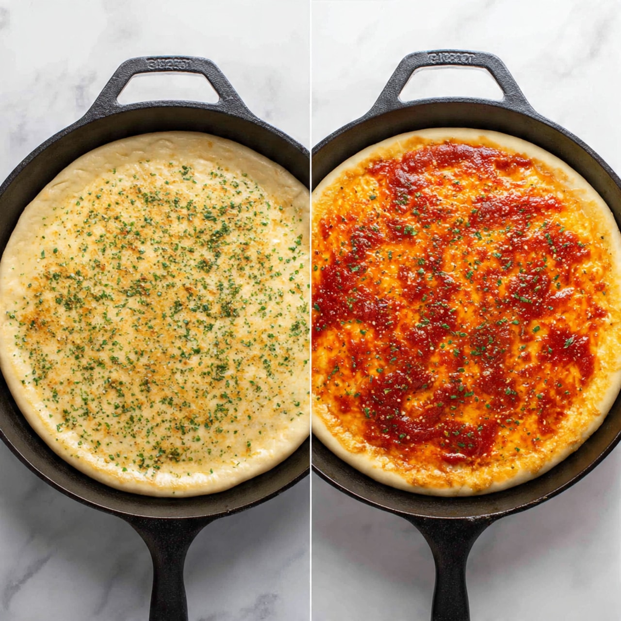 Two side-by-side images show the process of making a pizza in a black cast iron pan on a white marbled surface. The left image features a single thick layer of plain pizza dough pressed flat with a slightly raised edge crust, sprinkled with small bits of seasoning that look like dried herbs. The dough is pale beige and smooth in texture. The right image shows the same dough base now topped with a thick, even layer of bright red tomato sauce mixed with melted, golden-yellow cheese patches creating a slightly rough and bubbly surface. The crust remains the same white-beige color and is raised around the edge. Photo taken with an iphone --ar 4:5 --v 7