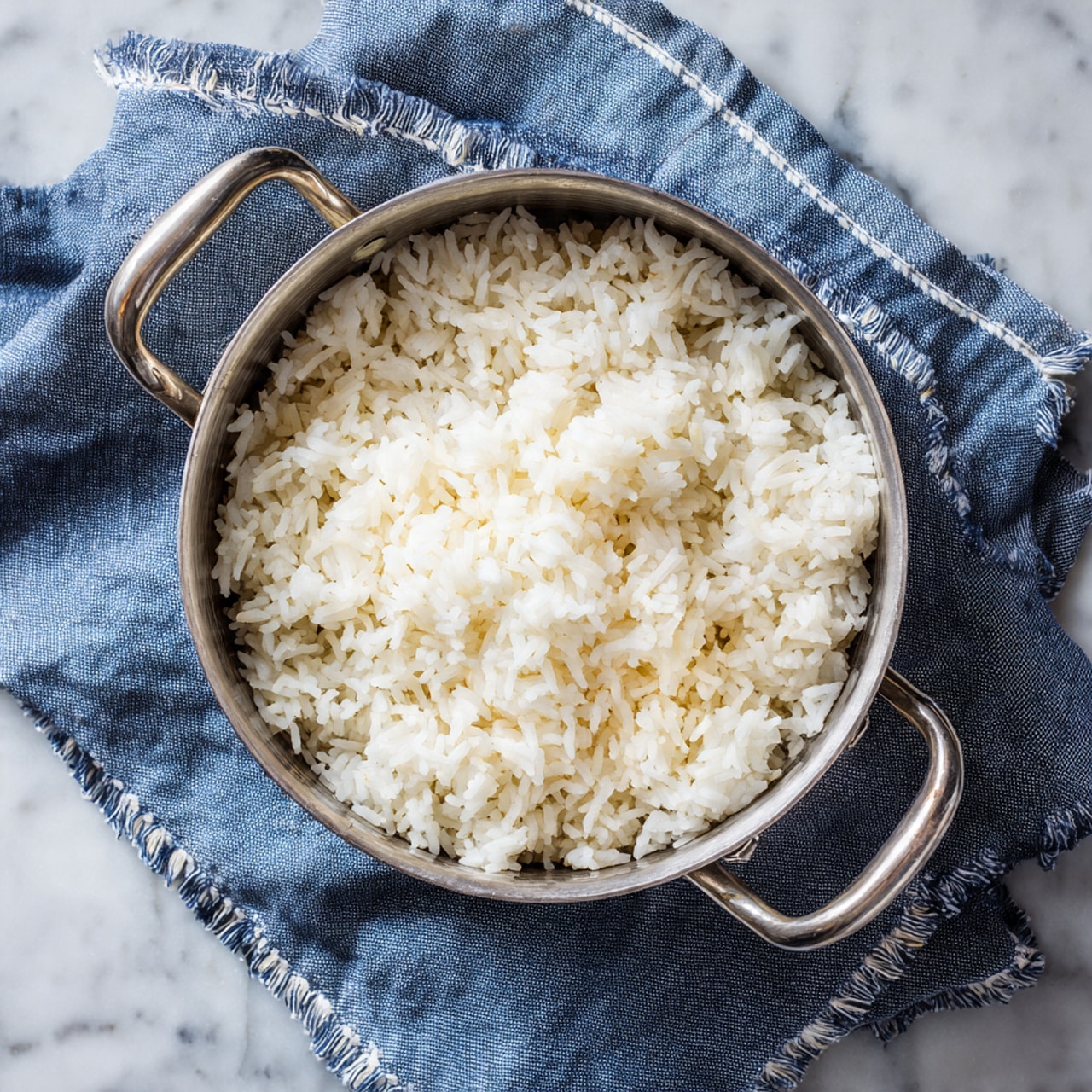 A close-up view of a silver pot filled with cooked white rice, the grains are fluffy and slightly separated, showing a soft texture. The pot is placed on a folded blue-gray cloth with white stitched edges, resting on a white marbled surface. The rice fills the pot almost to the top, with the metal handles on each side visible. A large pink number 3 is in the top left corner of the image. Photo taken with an iphone --ar 4:5 --v 7