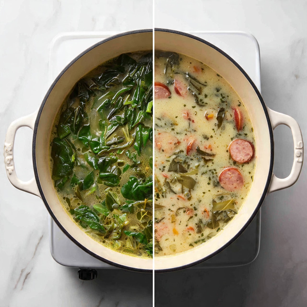 A white bowl filled with soup sits on a wooden board over a white marbled surface. The soup has a light, slightly yellow broth with visible ingredients like dark green leafy vegetables, round slices of reddish sausage, and small white potato cubes scattered through the liquid. A silver spoon rests inside the bowl on the right side. Behind the bowl, there is a glass of light brown drink, a white cloth partially visible on the left, and two pieces of crusty brown bread with holes placed on the wooden board. photo taken with an iphone --ar 4:5 --v 7
