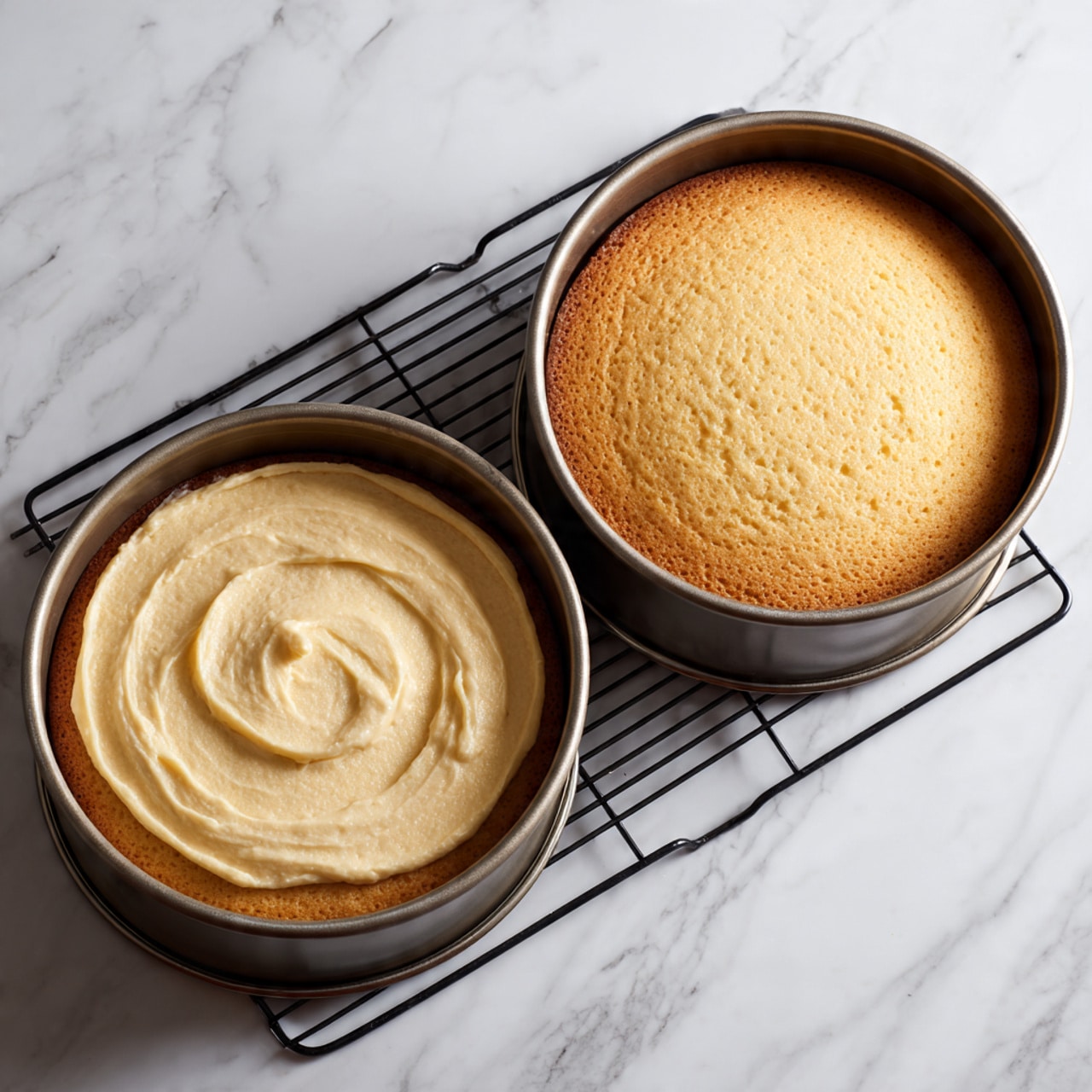 The image shows two round metal cake pans placed on a white marbled surface, each filled with smooth, light beige batter that is evenly spread and slightly swirled on top. Above the pans, a woman's hands are gently holding the edges. Next to this, the same two pans now hold baked cakes with a pale golden brown top that looks soft and smooth, each sitting on a black cooling rack with a white marbled background beneath. The cakes have even, slightly raised surfaces with no cracks or uneven spots visible. photo taken with an iphone --ar 4:5 --v 7