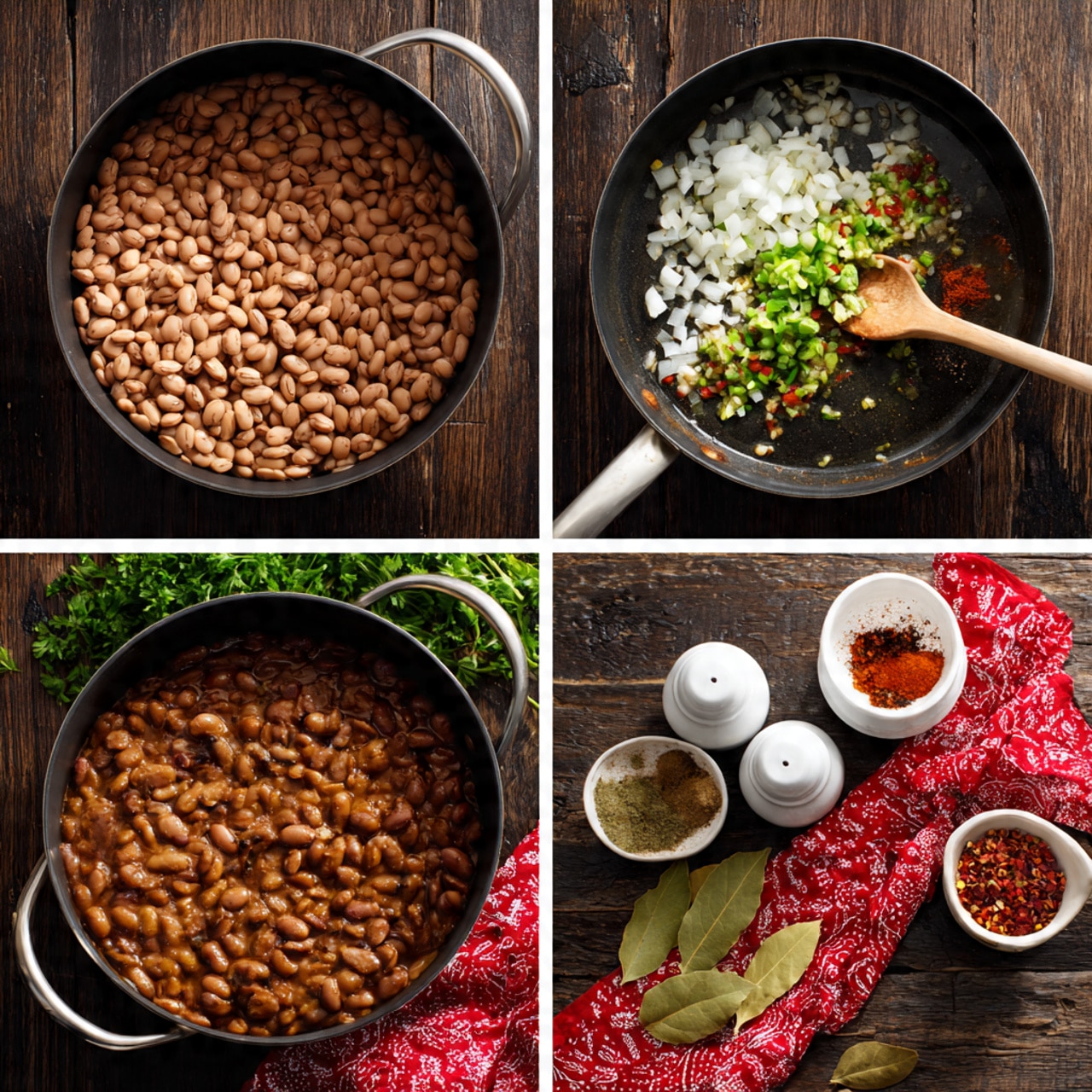 Four square images show cooking steps for beans. The first image has a top view of a black pot filled with dry light brown beans on a dark wooden surface. The second image shows a black pan on a stove with white chopped onions, green chopped peppers, and minced garlic being stirred by a wooden spoon. The third image shows a top view of a black pot filled with water, dry beans, red and green spices, and two bay leaves on the dark wooden surface. The fourth image is a top view of a black pot filled with cooked brown beans, garnished with small green herbs, placed on the dark wooden surface with a red and white cloth and two white spice bottles, and green leafy herbs nearby. Photo taken with an iphone --ar 4:5 --v 7