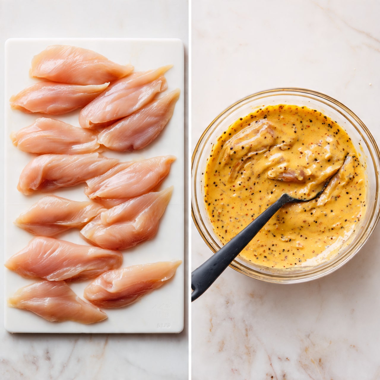 The image shows two parts side by side on a white marbled surface. On the left, eight raw chicken strips with smooth, light pink skin lie flat on a white cutting board, arranged in two uneven rows. On the right, a clear glass mixing bowl holds the chicken strips covered in a thick, creamy sauce colored light orange with visible black specks; a black spoon is resting inside the bowl. photo taken with an iphone --ar 4:5 --v 7