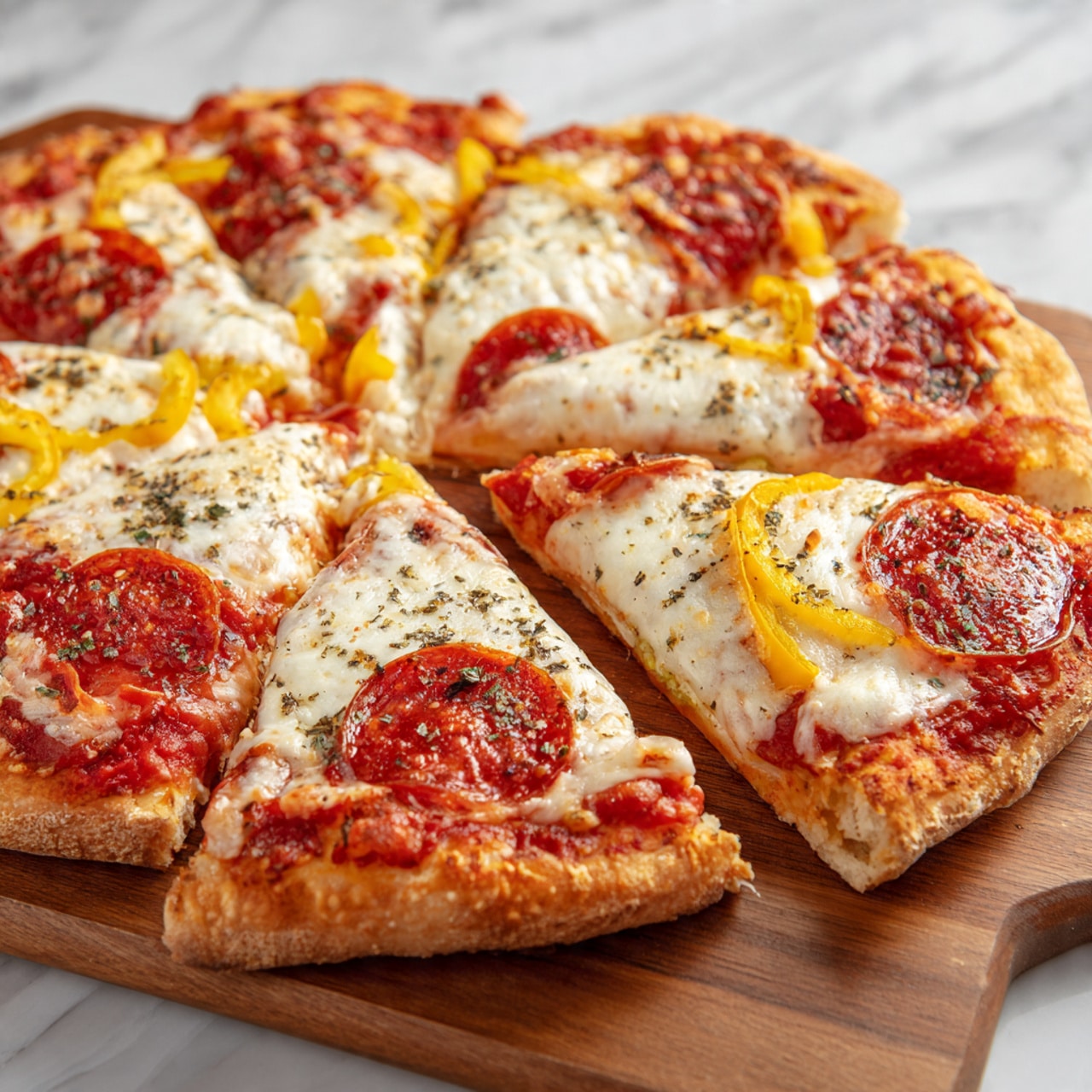 A pizza is shown on a wooden board with eight slices in total, one slice slightly pulled away revealing melted cheese stretching between the pieces. The pizza has a thick light brown crust around the edges, a red tomato sauce base layer underneath a thick layer of melted white and golden cheese. On top of the cheese, there are round, shiny, reddish-brown pepperoni slices evenly spread out on each slice along with thin green bell pepper strips and some thin white onion slices. The top is lightly sprinkled with green herbs. The wooden board shows some coarse salt grains scattered near the pizza. Photo taken with an iphone --ar 4:5 --v 7