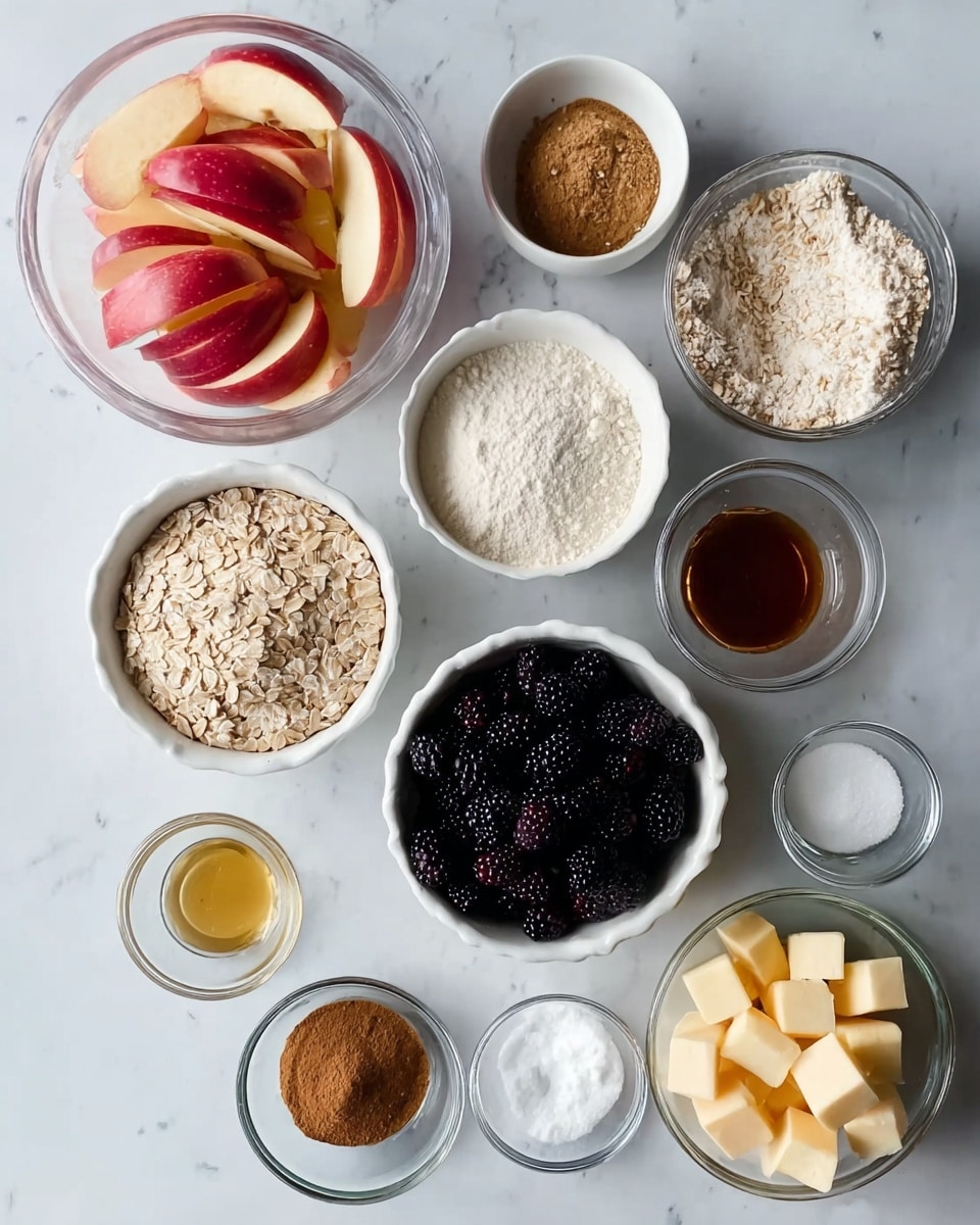 The image shows an overhead view of multiple white bowls and clear glass bowls placed on a white marbled surface. There are slices of red apples in a large clear glass bowl on the top left. Next to it are three smaller bowls: one with light brown sugar, one with white flour, and one with large oats in clear glass. In the center is a white bowl filled with blackberries. Below that, there are several small clear bowls containing white sugar, a clear liquid, ground spices in varying brown tones, and small cubes of yellow butter. All the items are evenly spaced and neatly arranged. Photo taken with an iphone --ar 4:5 --v 7