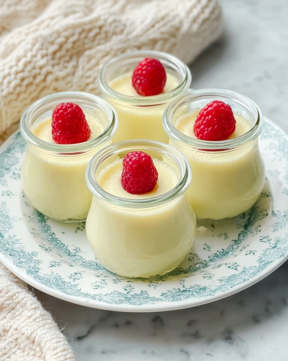 Four small clear glass jars each filled with one thick layer of smooth, pale yellow custard. Each jar is topped with one bright red raspberry placed gently in the center. The jars are arranged closely together inside a white plate with delicate light blue floral patterns along the edges. The plate sits on a white marbled surface with soft natural light coming from the side. photo taken with an iphone --ar 4:5 --v 7