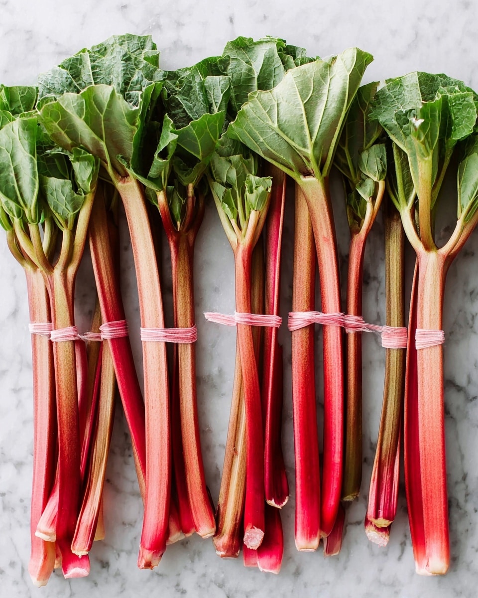 Several bundles of fresh rhubarb stalks with green leaves at the top are shown lying side by side on a white marbled surface. Each bundle is tied near the bottom with a light pink elastic band. The rhubarb stalks have a mix of red and green shades, mostly red at the base and fading into green near the leaves. The texture of the stalks is smooth and firm, while the leaves appear slightly crinkled. photo taken with an iphone --ar 4:5 --v 7