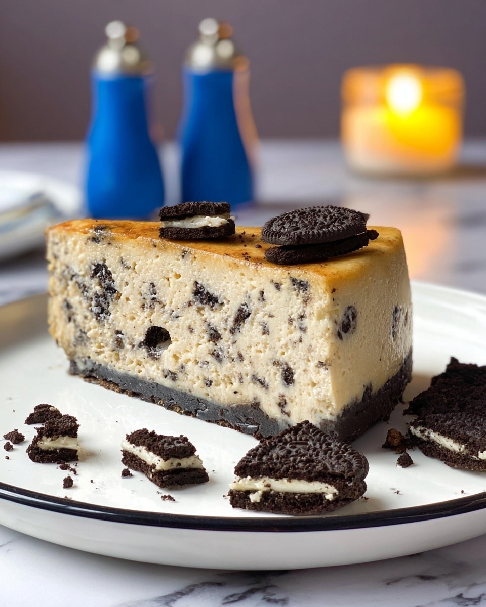 The image shows a round baked dessert in a blue ceramic pot lined with crumpled white parchment paper. The top layer is golden brown with a slightly uneven and cracked surface. Around the pot on the white marbled surface, there are broken pieces of black and white sandwich cookies arranged randomly. The white parchment paper peeks out from under the crust, adding a textured border to the dessert. The background is softly blurred with a matching blue pot partially visible. Photo taken with an iphone --ar 4:5 --v 7