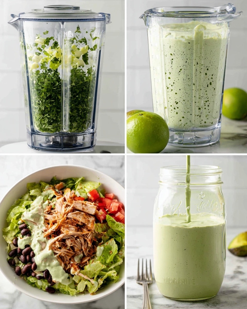 The images show the process of making a creamy green sauce and using it on a salad. The first layer is inside a clear blender, filled with fresh green herbs and light green chopped pieces sitting on white liquid. The second layer is the same blender but now filled with a smooth pale green sauce with tiny bubbles on top. The third layer shows a tall clear jar filled with the thick green sauce, with tiny herb specks, sitting on a white marbled surface beside two green fruits. The final image shows a white bowl with a salad made of shredded light brown meat, dark beans, chopped green lettuce, and bright red diced tomatoes, all drizzled with the pale green creamy sauce. A fork is resting on the side of the bowl. The background is white marbled surface photo taken with an iphone --ar 4:5 --v 7