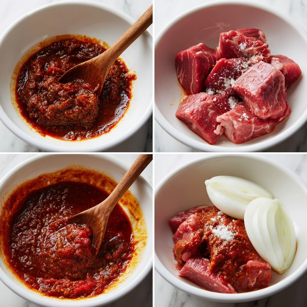 A close-up view of a white bowl with four steps of cooking inside. Step 1 shows a dark red chunky sauce with visible tomatoes and spices piled on one side, with a woman's hand holding a wooden spoon stirring inside. Step 2 displays the sauce stirred into a thick, reddish-brown mixture with a shiny texture in the bowl, still with the wooden spoon inside. Step 3 shows raw, pink meat chunks laid in the bowl with two white onion slices on top, salt sprinkled over the meat. Step 4 features the meat now coated with the reddish sauce and two onion slices resting on top, the meat looking rich and marbled with the sauce blending on it, all inside the bowl on a white marbled surface, photo taken with an iphone --ar 4:5 --v 7