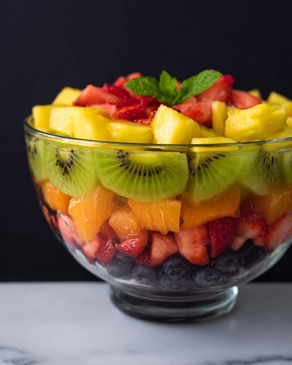 A bowl filled with a bright mix of fruits sits on a white marbled surface. The bottom layer shows slices of green kiwi with their speckled dark seeds. Above this is a layer of pale yellow pineapple pieces cut into rough triangles. Then come chunks of soft orange cantaloupe, irregular in shape. Scattered on top are vibrant red strawberry halves and whole dark blackberries, along with a few small shiny blueberries. All the fruits look fresh and juicy, with a mix of smooth and bumpy textures. Photo taken with an iphone --ar 4:5 --v 7