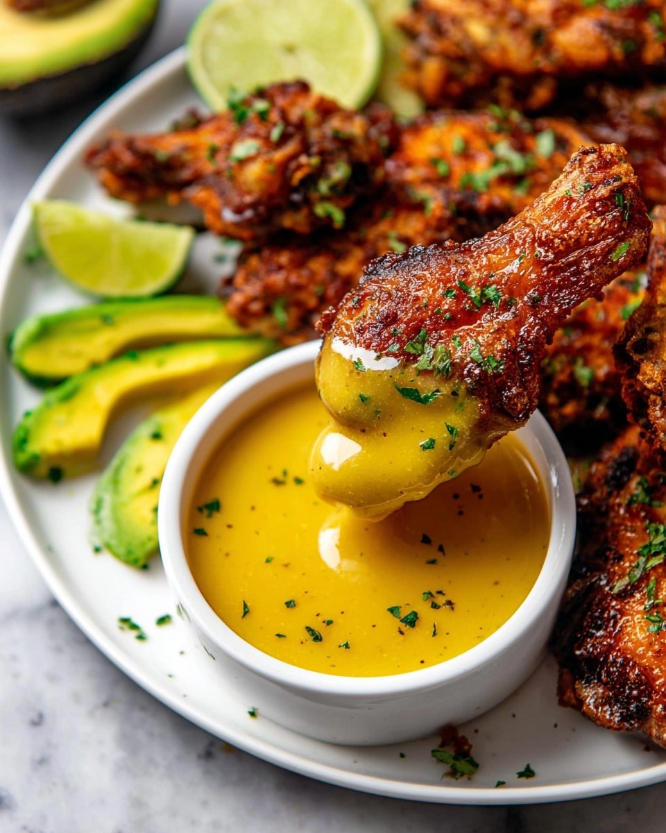 A white rectangular tray with a blue rim holds about twenty golden-brown chicken wings evenly spread out, each wing sprinkled with small green chopped herbs. Three small white bowls are placed on the tray, one on the left filled with a red sauce, one in the center with a creamy white sauce containing small blue cheese chunks, and one on the right filled with a bright yellow sauce. Lime wedges and slices of avocado are scattered around and between the wings on the tray. The tray is placed on a white marbled surface. Photo taken with an iphone --ar 4:5 --v 7