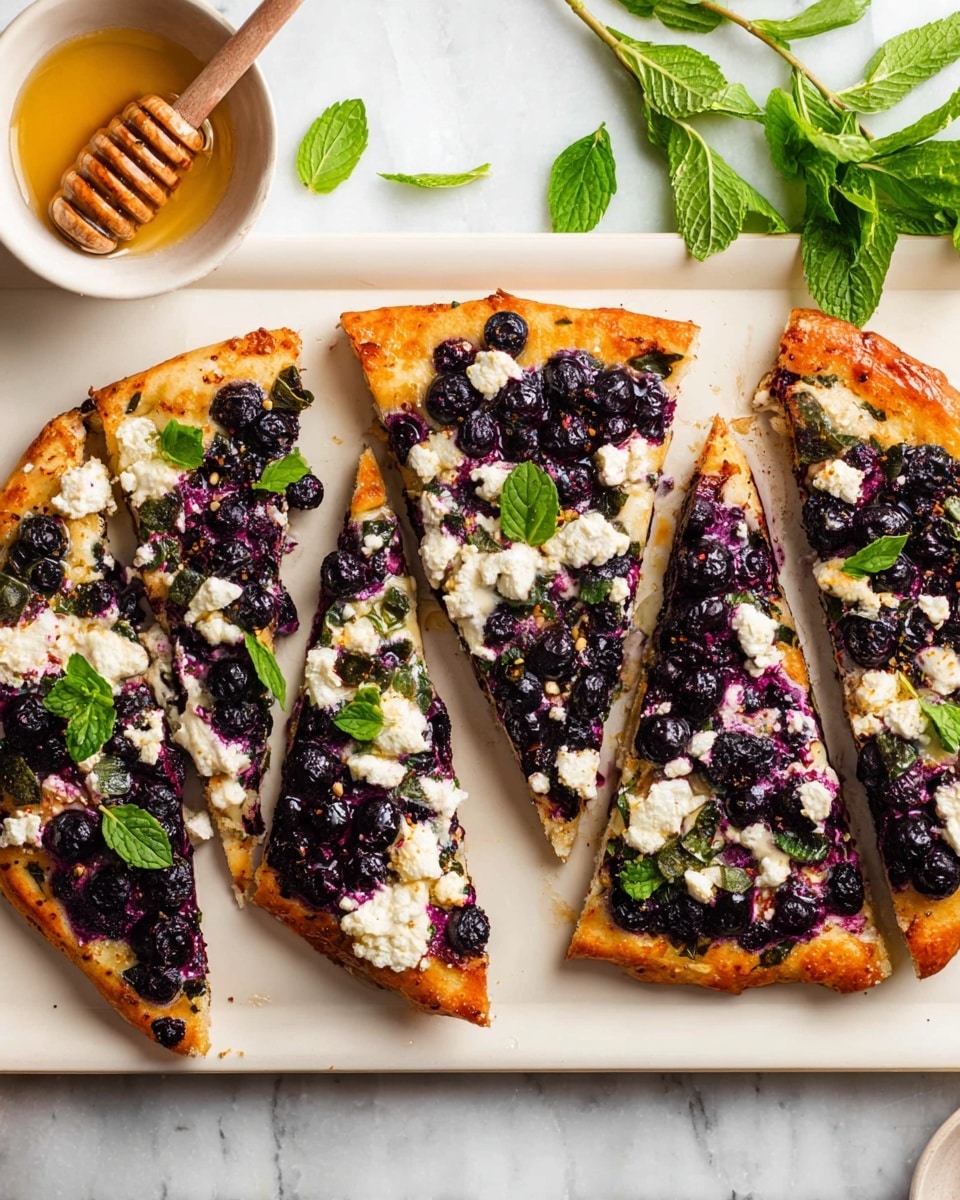 Five slices of a round flatbread are placed side by side on a white rectangular plate over a white marbled surface. Each slice has a golden brown crust with a topping that includes dark purple blueberries, white creamy cheese dollops, and fresh green mint leaves scattered on top. The texture of the berries looks juicy and slightly cooked, while the cheese is soft and crumbly. In the background, a small white bowl holds honey with a wooden honey dipper resting inside, and a sprig of green mint leaves is nearby. Photo taken with an iphone --ar 4:5 --v 7