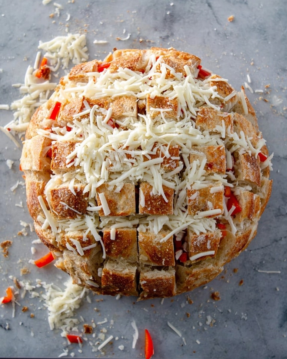 A round loaf of bread is deeply sliced into small square sections all over, with thin slices of red pepper placed between some of the cuts, creating a layered effect. The bread is covered with shredded white cheese scattered generously on top and filling the spaces between the bread pieces. The loaf rests on a white marble textured surface and there are some stray cheese shreds spread around the bread on the surface. Photo taken with an iphone --ar 4:5 --v 7