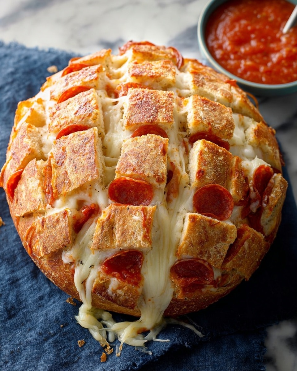 A round loaf of bread sliced in a grid pattern, with each layer filled with thin, orange slices of pepperoni and melted white cheese oozing out between the bread pieces. The bread has a golden crust with a slightly crispy texture, and the cheese is sprinkled lightly on top. The loaf sits on a dark blue cloth, and behind it is a small glass bowl filled with red marinara sauce on a white marbled surface. The photo taken with an iphone --ar 4:5 --v 7