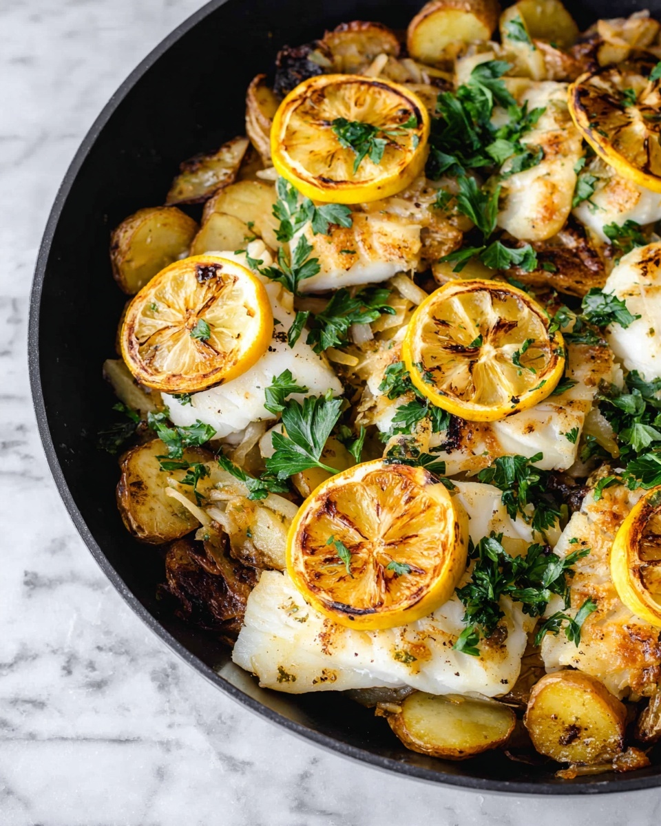 A black cast iron pan filled with three layers: the bottom layer has golden brown roasted potato chunks with some charred edges, the middle layer is made up of white fish fillets cooked gently, and the top layer shows slices of grilled lemon with brown grill marks scattered on the fish. Fresh green parsley leaves are sprinkled over the dish for a touch of color. The pan sits on a light beige cloth over a white marbled surface. photo taken with an iphone --ar 4:5 --v 7