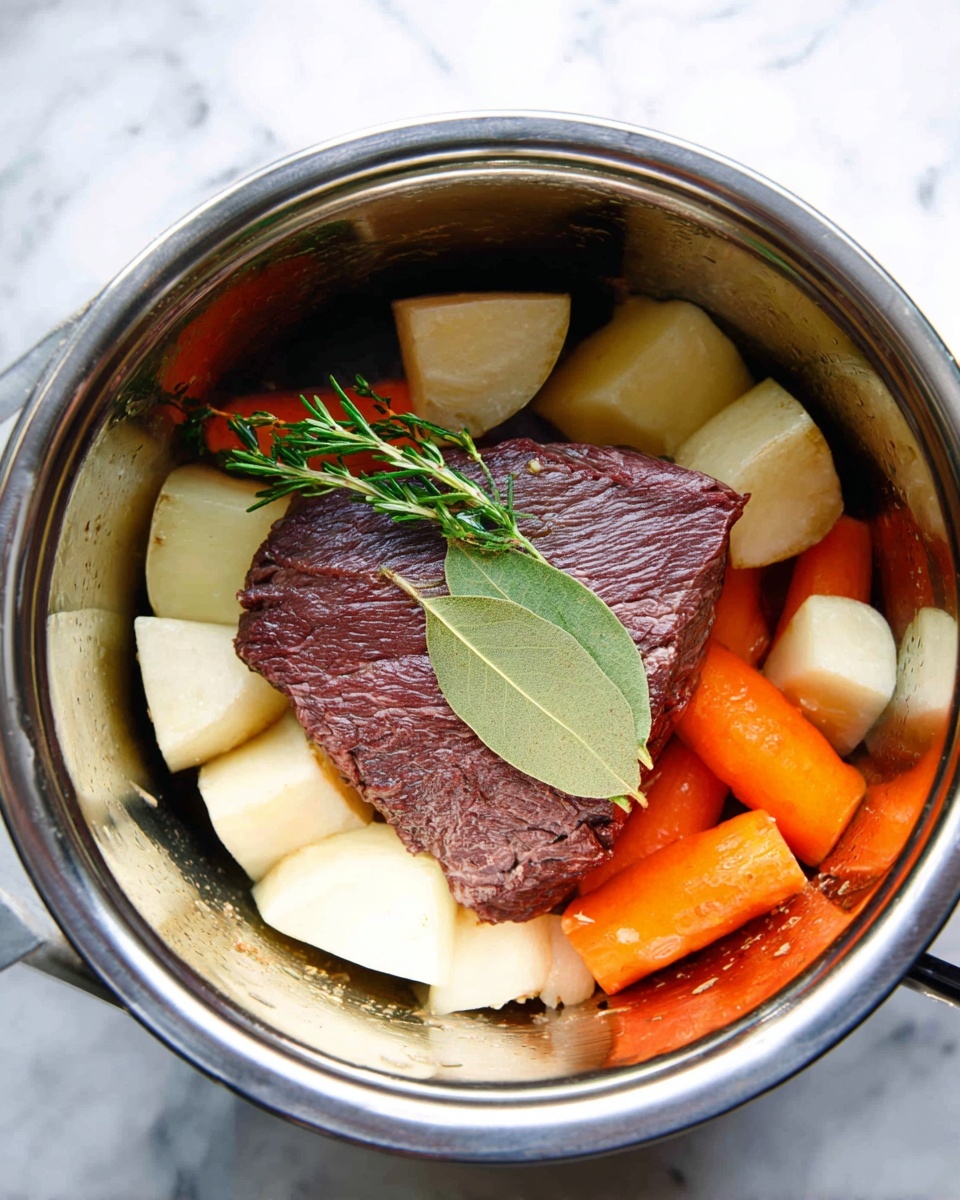Inside a shiny metal pot, there is one large thick piece of dark brown raw meat placed in the center. Surrounding the meat are thick chunks of pale cream-colored root vegetables and bright orange carrot pieces. On top of the meat and vegetables, there are two green bay leaves and a small sprig of green rosemary, adding fresh color. The inside of the pot is reflective and has a slightly warm tint from cooking. The pot sits on a white marbled surface. Photo taken with an iphone --ar 4:5 --v 7