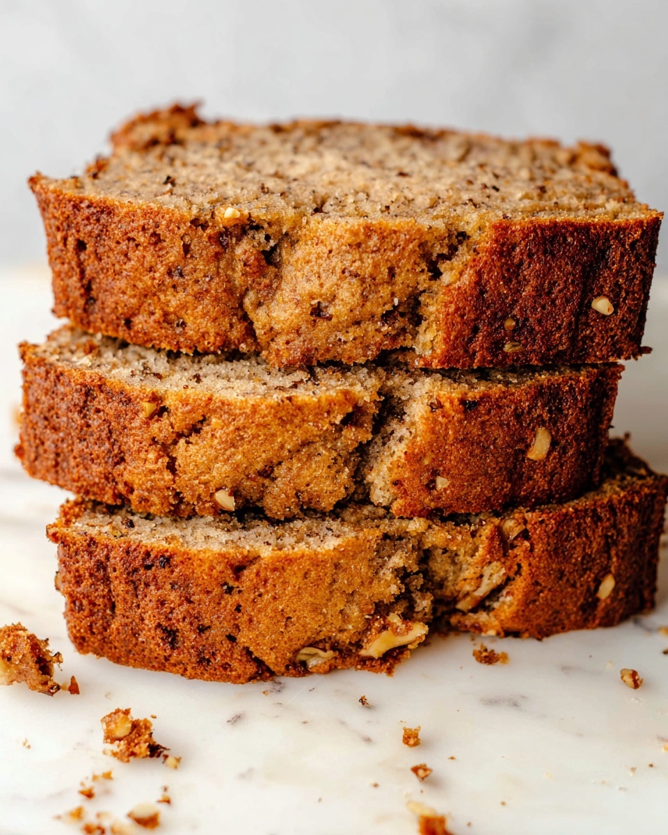 Three slices of brown banana bread are stacked slightly overlapping on a white marbled surface. The bread has a rough, crumbly texture with visible small nuts and darker spots throughout. The edges are a darker golden brown, showing a crisp crust, while the inside is a lighter, soft brown. Some crumbs scatter around the slices, adding to the homemade feel. Photo taken with an iphone --ar 4:5 --v 7