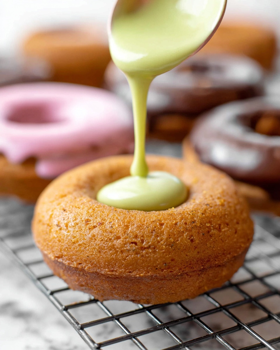 A close-up view of a golden brown donut with a slightly rough texture on a dark cooling rack over a white marbled surface, with a spoon above dripping smooth, thick light green glaze onto the top edge of the donut. The background shows blurred donuts with pink and dark brown toppings. Photo taken with an iphone --ar 4:5 --v 7