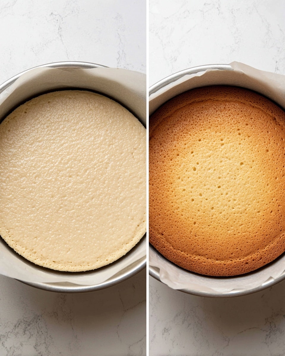 A three-layered round cake is displayed on a clear glass cake stand with a detailed pattern. The bottom layer is a dense, light brown cake. Above that is a thick, creamy pale beige middle layer, smooth but with a soft texture. The top layer is a bright yellow passion fruit glaze, shiny with a smooth finish. The cake is decorated on one side with two halved passion fruits showing their yellow seeds, white coconut flakes scattered around, and white coconut pieces. The scene sits on a white marbled surface with more halved passion fruits around it. photo taken with an iphone --ar 4:5 --v 7