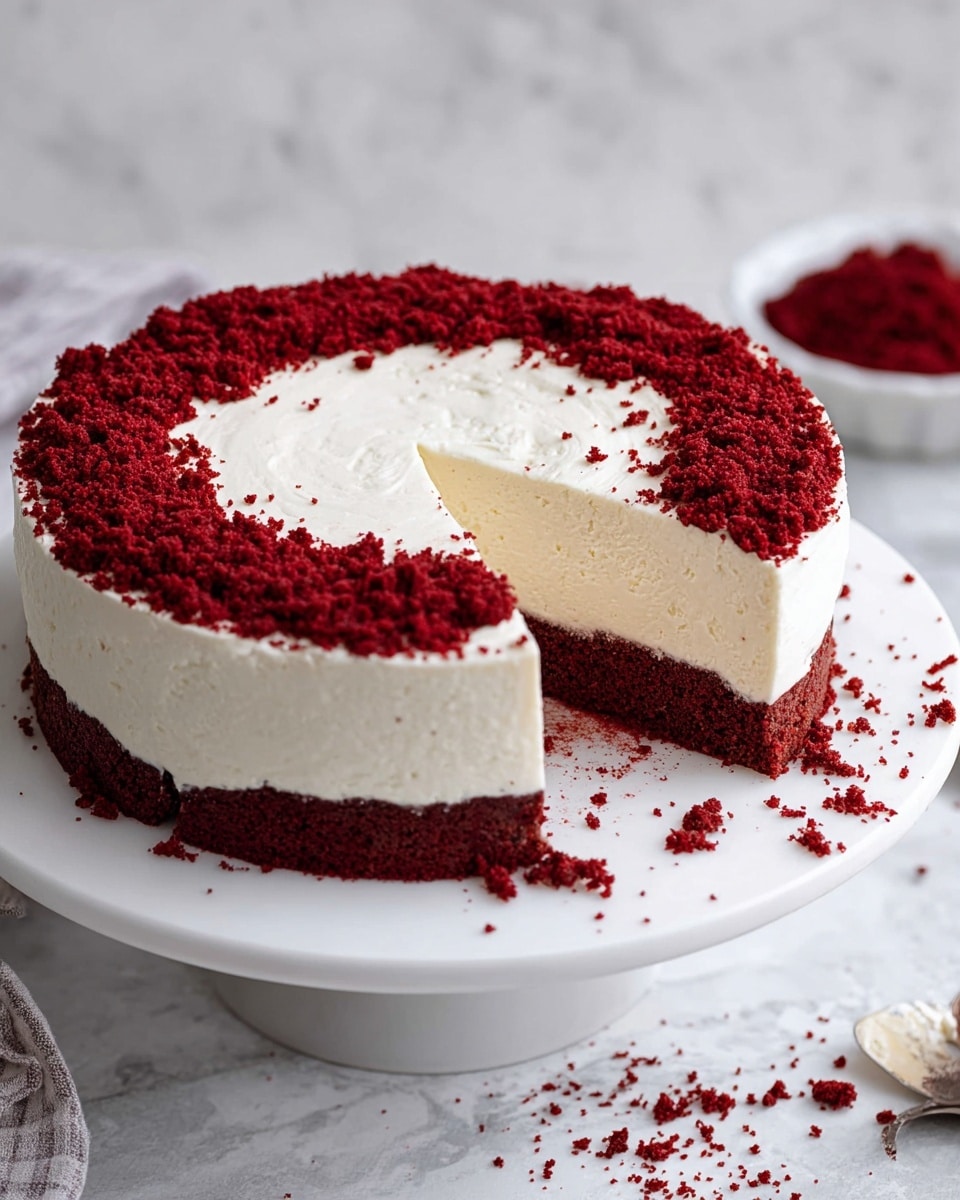 A two-layer cake sits on a white cake stand with a smooth pedestal. The bottom layer is thick and deep red with a smooth texture, while the top layer is thick and white with a slightly rough texture. Around the edge of the top layer, there is a ring of crumbled red cake crumbs that add texture and contrast. The cake stand is placed on a white marbled surface scattered with more red crumbs, with a small white bowl holding extra crumbs nearby. The background is light and neutral, highlighting the cake’s colors. photo taken with an iphone --ar 4:5 --v 7