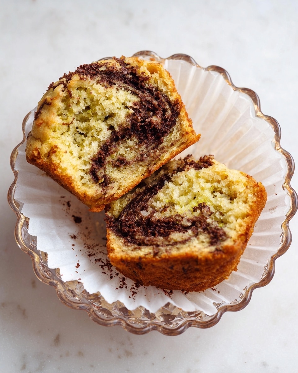 The image shows a split muffin placed inside a transparent, scalloped glass bowl with a white paper liner underneath. The muffin has two distinct layers visible inside: a light golden brown crumbly texture with tiny green flecks and dark brown swirls of chocolate running unevenly through both halves. The muffin’s outer edge is slightly darker with a more toasted brown color, and the paper liner has small chocolate crumbs scattered on it. The bowl sits on a white marbled texture surface. photo taken with an iphone --ar 4:5 --v 7