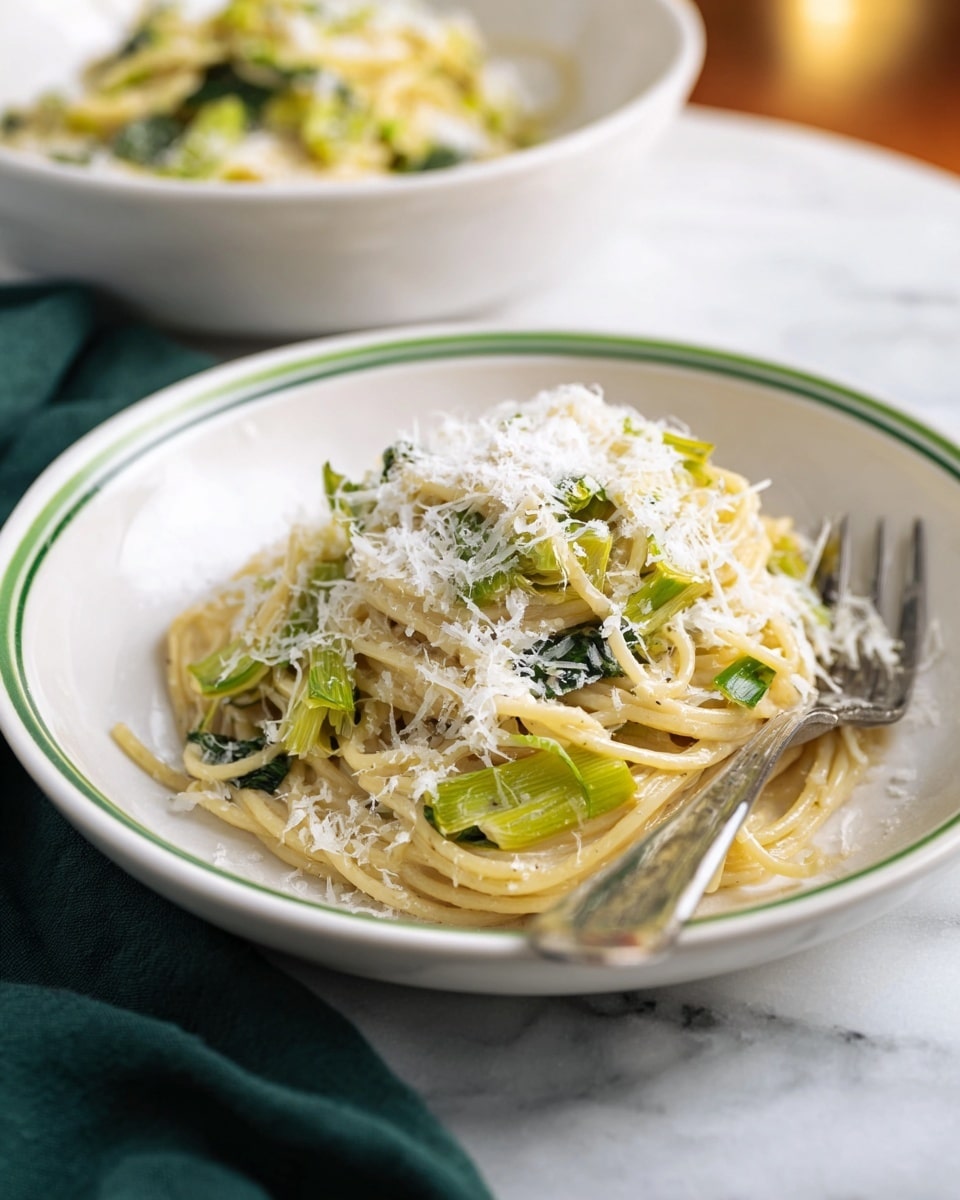 A close-up view of a white plate with thin green rings on the rim, filled with a mound of spaghetti mixed with green vegetables like chopped leeks. The pasta is topped with a generous layer of finely grated white cheese. A silver fork rests on the right side of the plate, partially stuck into the pasta. In the blurred background, there is a white bowl filled with a similar pasta dish. The setting is on a white marbled surface with a dark green cloth partially visible to the left. Photo taken with an iphone --ar 4:5 --v 7