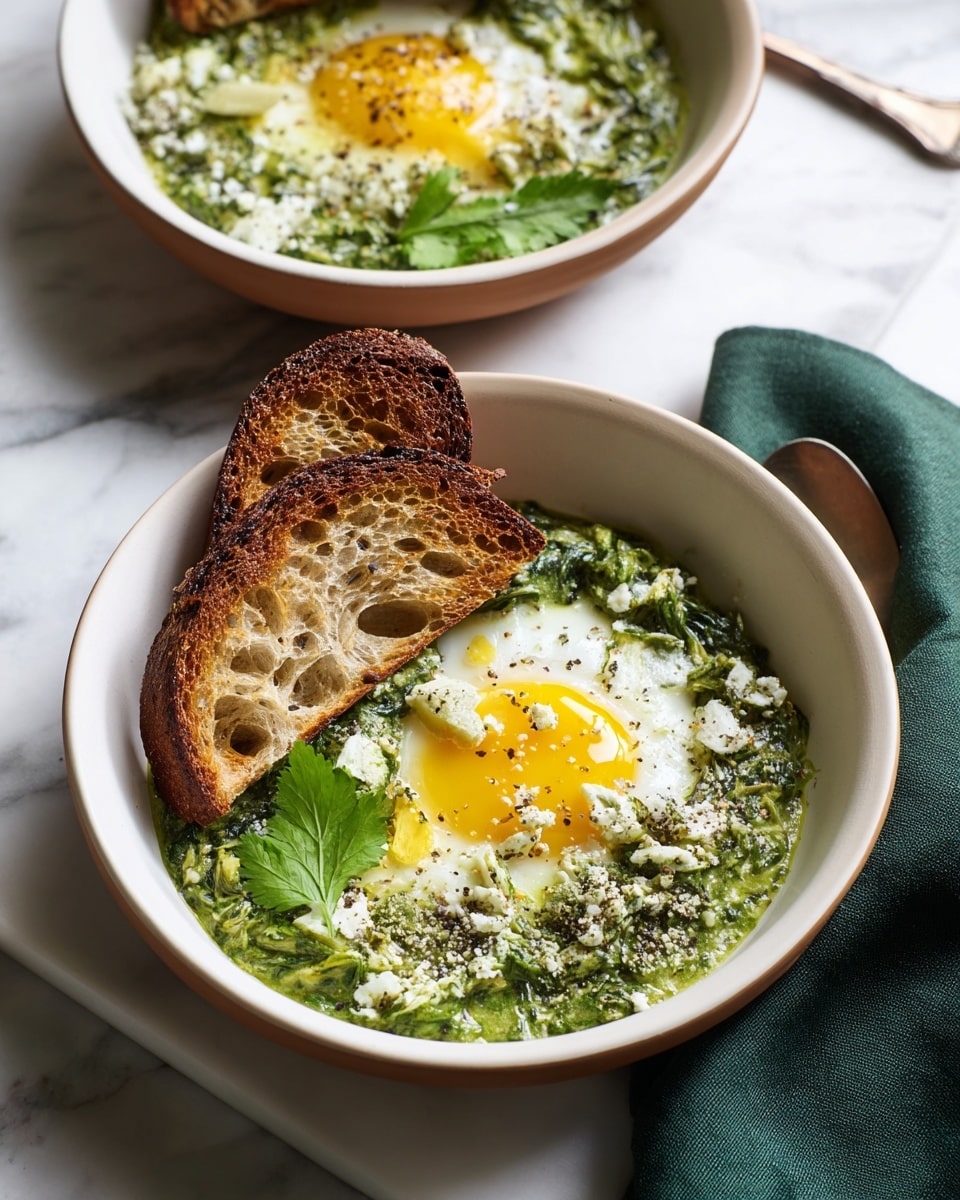 Two white bowls on a white marbled surface hold a dish made of green creamy spinach and cooked eggs with bright yellow yolks showing through the top layer. The green spinach layer looks smooth and mixed with herbs, topped with small white cheese crumbs and black pepper bits. Each bowl has two brown toasted bread slices placed on one side, showing a crispy texture and holes inside. A small green leaf is on top of the spinach and eggs in the front bowl. A dark green cloth napkin is placed on the right side near the bowls. photo taken with an iphone --ar 4:5 --v 7
