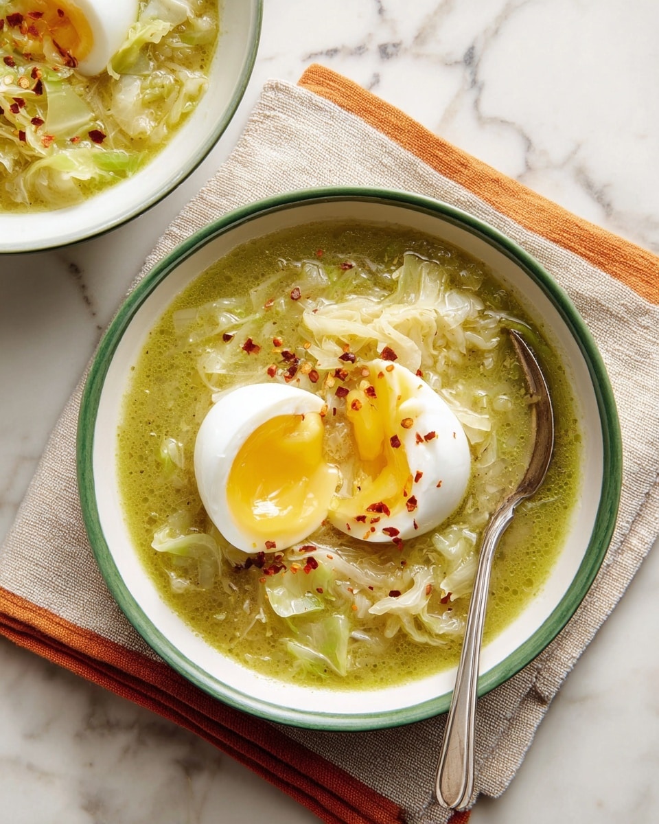 A round white bowl with a green rim holds a soup with a thick green broth base and shredded pale green cabbage floating inside; on top, a soft boiled egg is cracked open, revealing a bright yellow yolk spilling slightly over the soup, sprinkled with small red chili flakes. A silver spoon rests inside the bowl on the right side. The bowl is placed on a beige cloth with orange edges, all set on a white marbled surface. Another similar bowl with the same soup and egg is partially visible in the top right corner. Photo taken with an iphone --ar 4:5 --v 7