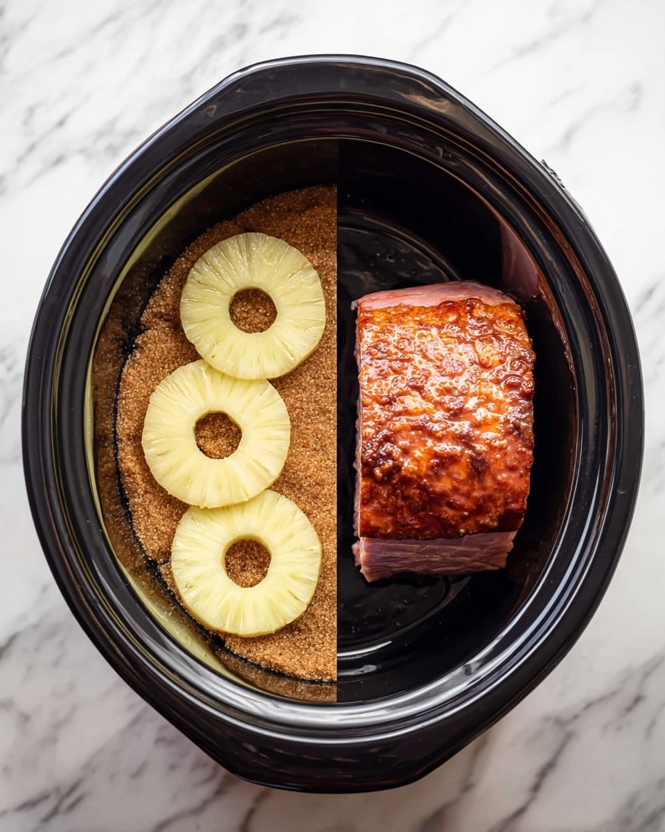 A spiral of thick sliced ham with a shiny, glazed surface sits inside a black slow cooker. Between the ham layers, thin yellow pineapple rings are placed evenly, with several pineapple slices tucked into the gaps, adding a bright yellow contrast to the deep reddish-brown ham. The layers of ham are smooth and moist, showing a glossy finish from the glaze. The black slow cooker interior holds the food snugly, with slight reflections of light on the surface. The close-up view focuses on the neat arrangement and the shiny textures of both ham and pineapple. photo taken with an iphone --ar 4:5 --v 7
