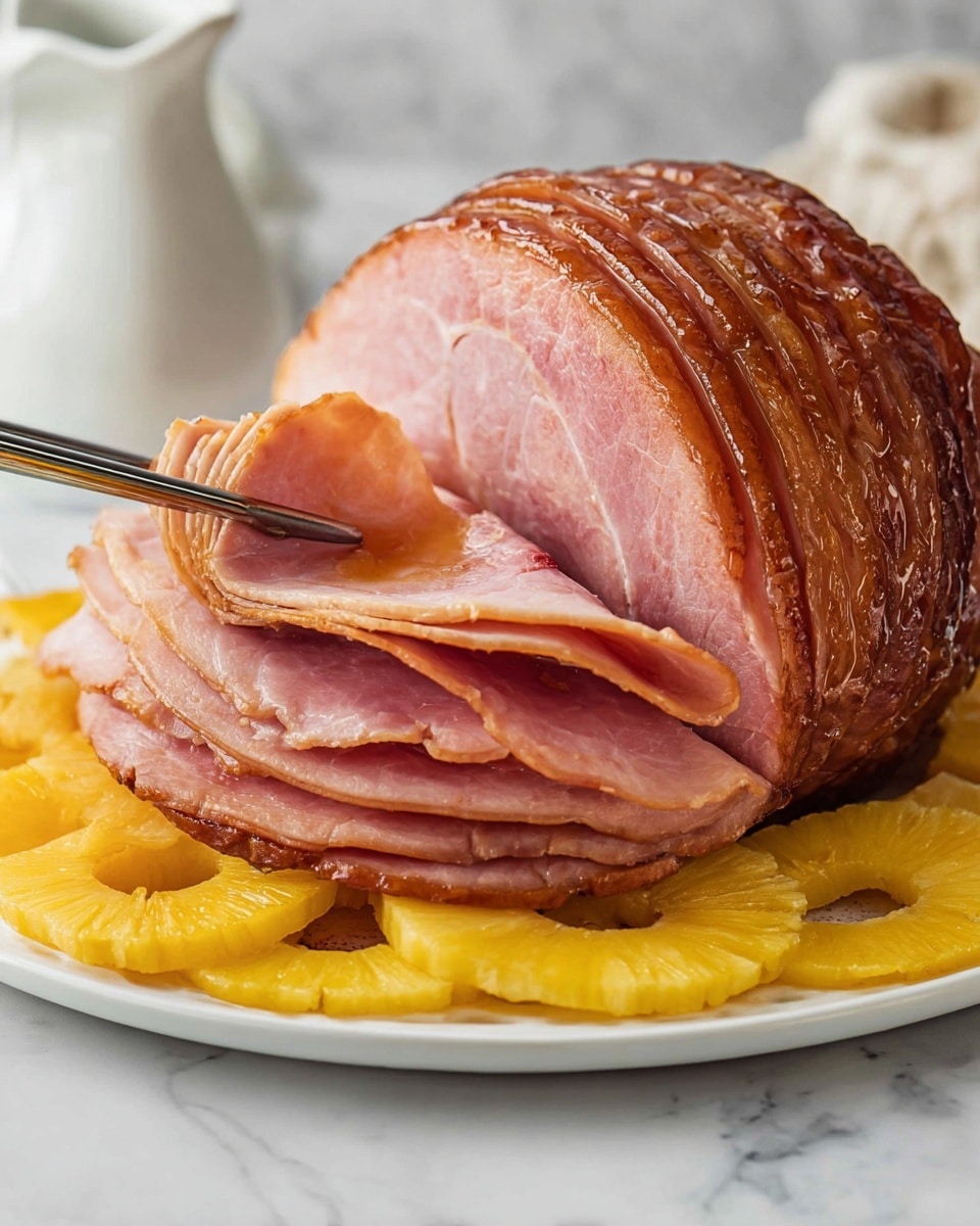 A spiral sliced ham with a shiny, caramelized brown outer layer covers multiple thin layers of pink meat inside, arranged in a slightly open fan shape. The ham sits on a white plate surrounded by bright yellow pineapple rings that form a colorful border around it. A pair of metal tongs holds one slice of ham lifted slightly away from the rest. The background shows a white marbled texture with a white ceramic gravy boat off to one side. The photo taken with an iphone --ar 4:5 --v 7
