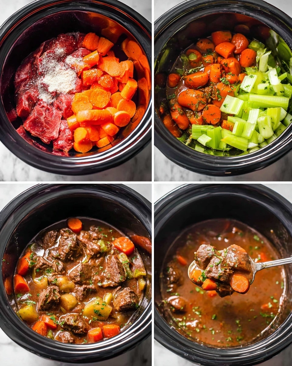 The image shows four stages of making beef stew in a black slow cooker. The first stage has raw pieces of red beef at the bottom, topped with bright orange carrot slices and fresh light green celery pieces, along with white flour sprinkled on top. The second stage shows the same beef and vegetables mixed together with a slight shine as they begin to cook. The third stage displays the stew cooked with beef, carrots, and celery chunks immersed in a thick brown sauce, garnished with small green herb bits. The last stage is a close-up of a silver spoon lifting some stew showing tender brown beef, carrots, and celery in the rich brown sauce inside the cooker. The background surface is white marble. Photo taken with an iphone --ar 4:5 --v 7
