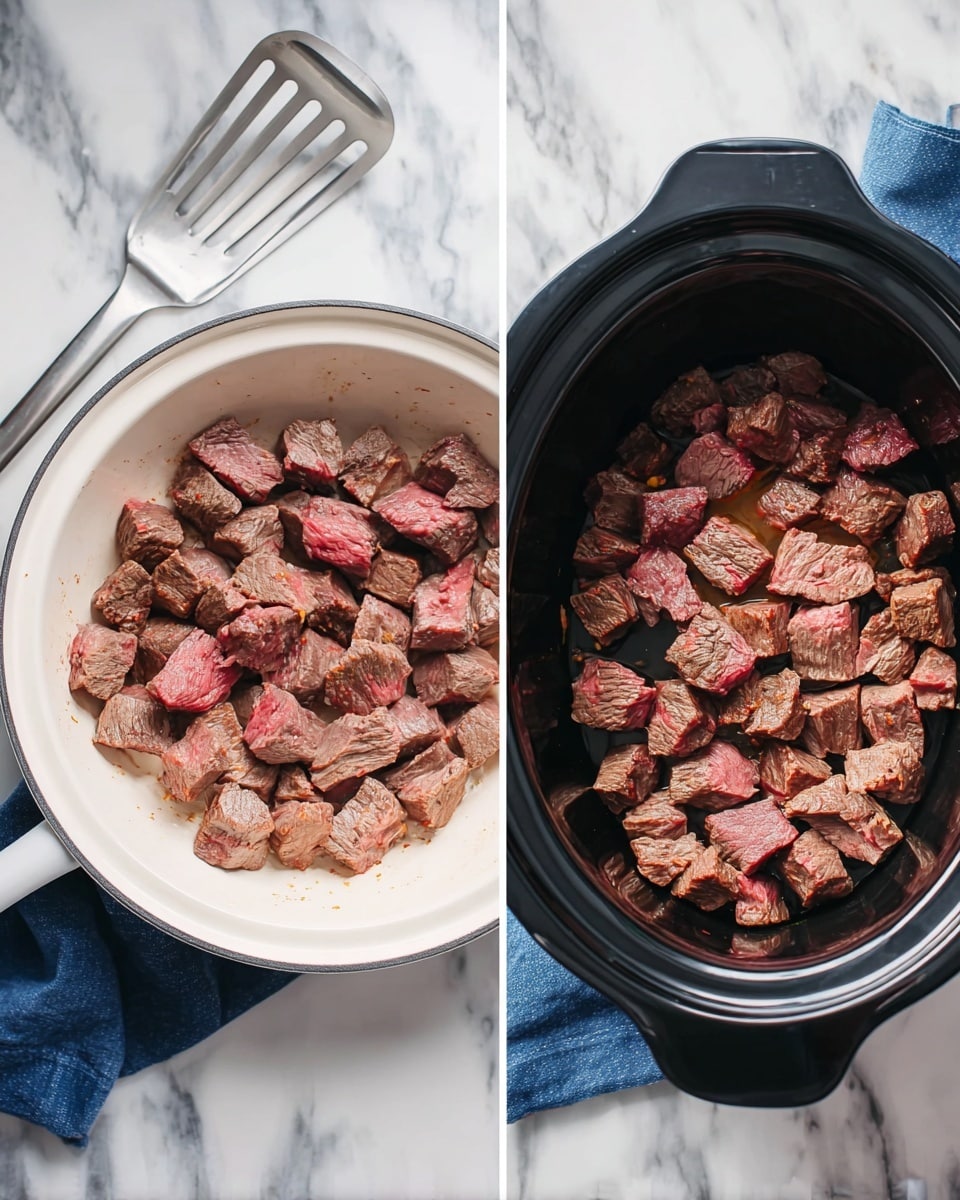 This image shows many pieces of dark brown meat in a thick, darker brown sauce inside a white bowl. The meat chunks vary in size and look soft with slight texture lines, and small bits of green herbs are sprinkled on top. The sauce surrounds all the meat, looking glossy and rich, with some lighter and darker areas. The bowl is on a white marbled surface photo taken with an iphone --ar 4:5 --v 7