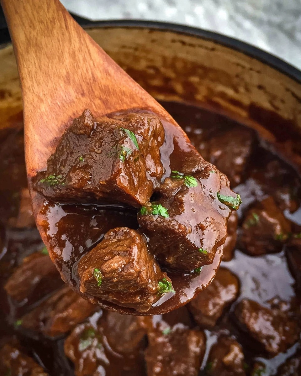 Close-up of several thick brown meat pieces covered in shiny dark brown sauce with small green herb bits on them, held by a wooden spoon above a pot filled with more meat chunks and sauce, all resting on a white marbled surface. photo taken with an iphone --ar 4:5 --v 7