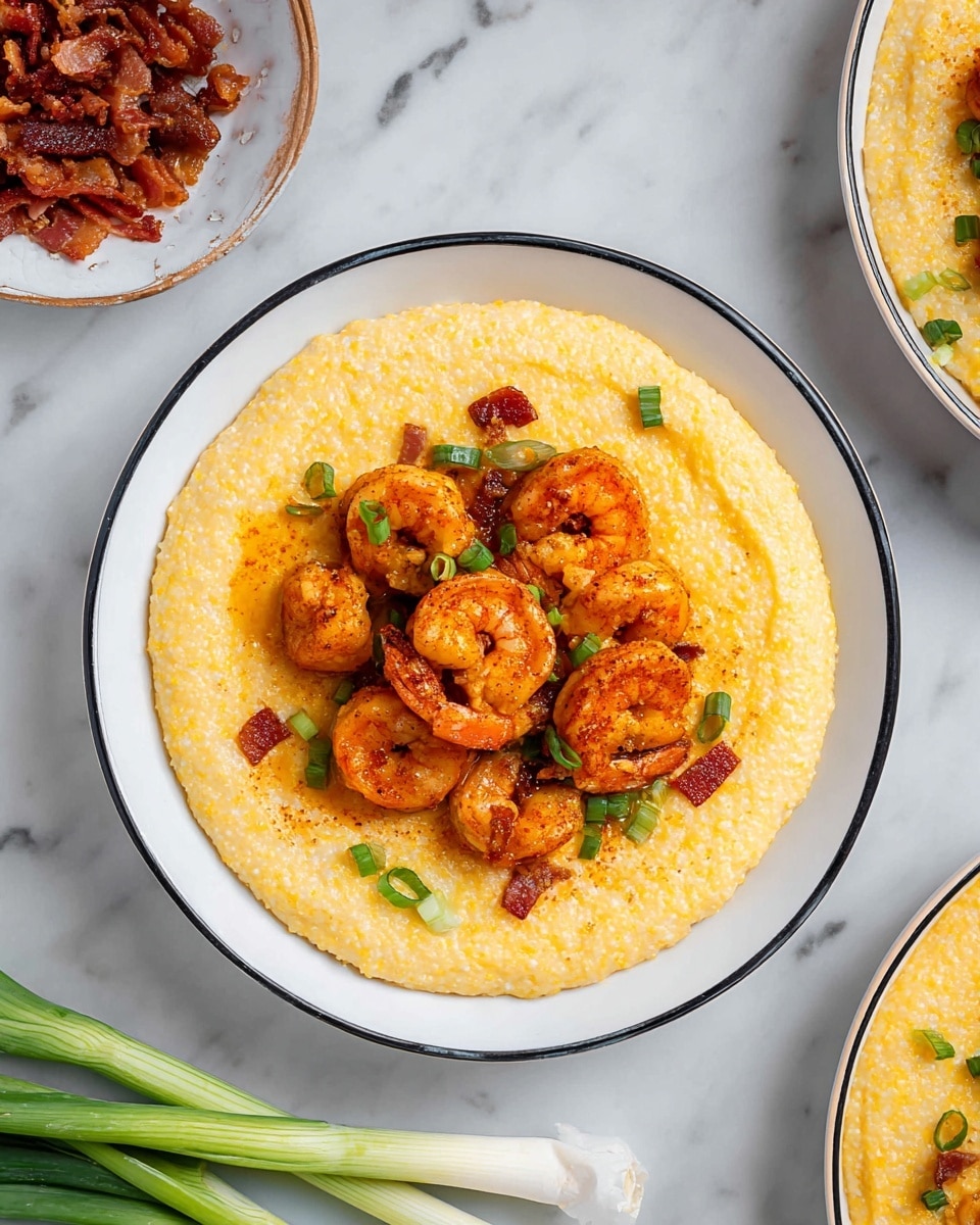 A dish with two layers is shown on a white plate with a thin black edge. The bottom layer is creamy yellow grits, with a smooth and slightly grainy texture, covering the entire plate. The top layer features seven browned shrimp arranged in a rough circle in the center, each with a textured, slightly crispy, orange-brown surface. Small pieces of cooked bacon and green onion slices are scattered over the shrimp, adding contrast with their deep red-brown and bright green colors. The plate is placed on a white marbled surface next to a few whole green onions and other dishes of shrimps, grits, and bacon. Photo taken with an iphone --ar 4:5 --v 7