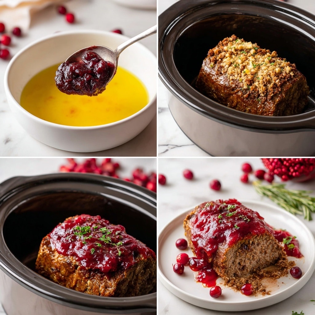 A close-up of a cooked meatloaf with a thick layer of dark red cranberry sauce on top, sprinkled with small green herb pieces. The meatloaf is sitting in a rich brown sauce with visible flecks of herbs and pieces of orange vegetables, likely carrots. Around the meatloaf, bright red whole cranberries float in the brown sauce, scattered evenly. The background is a textured dark surface inside a round pan, with the edges of the pan visible around the brown sauce. photo taken with an iphone --ar 4:5 --v 7