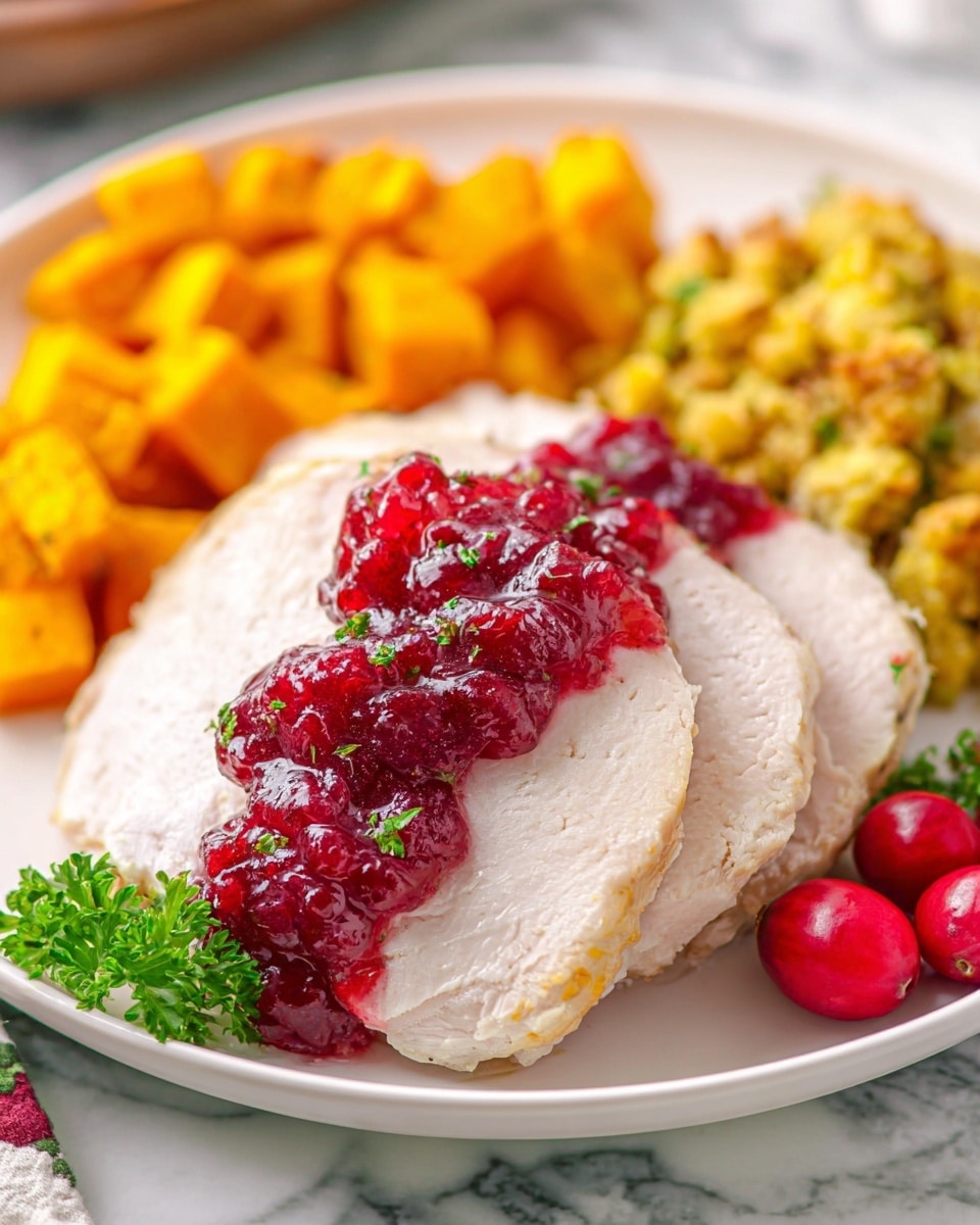 On a white plate placed on a white marbled surface, there are three thick slices of light beige cooked turkey layered in the center. On top of the turkey slices is a thick spread of bright red cranberry sauce with visible chunks and small green herb bits sprinkled over it. Behind the turkey, to the left, is a serving of small, golden orange cubed sweet potatoes. To the right of the turkey is a pile of yellowish-green stuffing mixed with bits of herbs. In the foreground, on the white marbled surface near the plate, are three bright red grape tomatoes and a small sprig of fresh parsley. Photo taken with an iphone --ar 4:5 --v 7